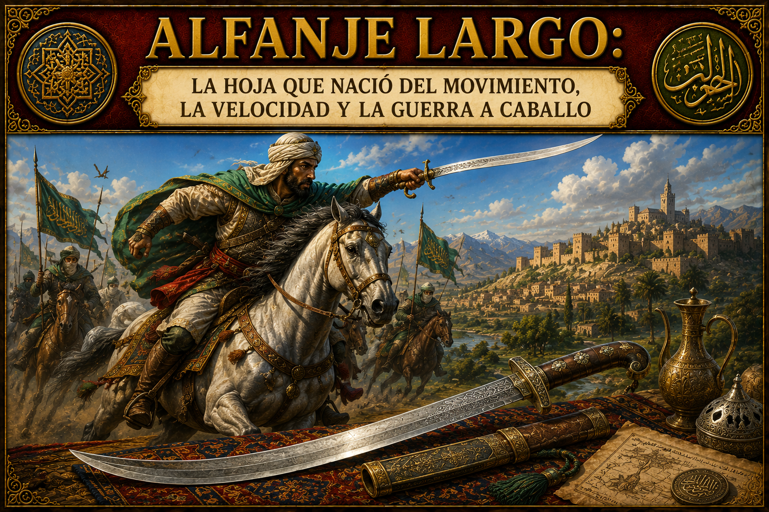 Hombre a caballo con un Alfanje Largo en mano, un Alfanje al frente, un castillo al fondo y el título del artículo en la parte superior