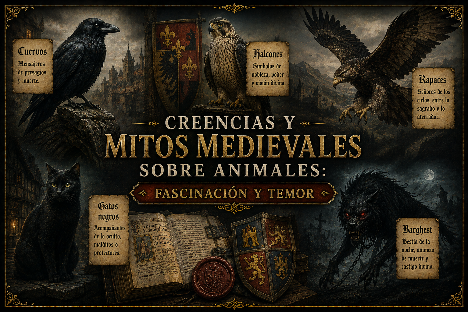 Cuervos, gatos negros, hálcones, aves rapaces, Barghest, escudos y paisajes medievales, rodeando el título del artículo