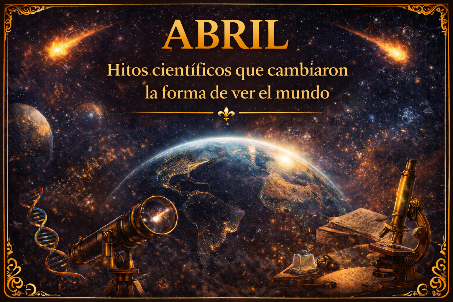 Imagen con referencia al universo y a la ciencia, el espacio, la tierra, el telescopio espacial, un microscopio, apuntes, el ADN... con el título "Abril: Hitos científicos que cambiaron la forma de ver el mundo"