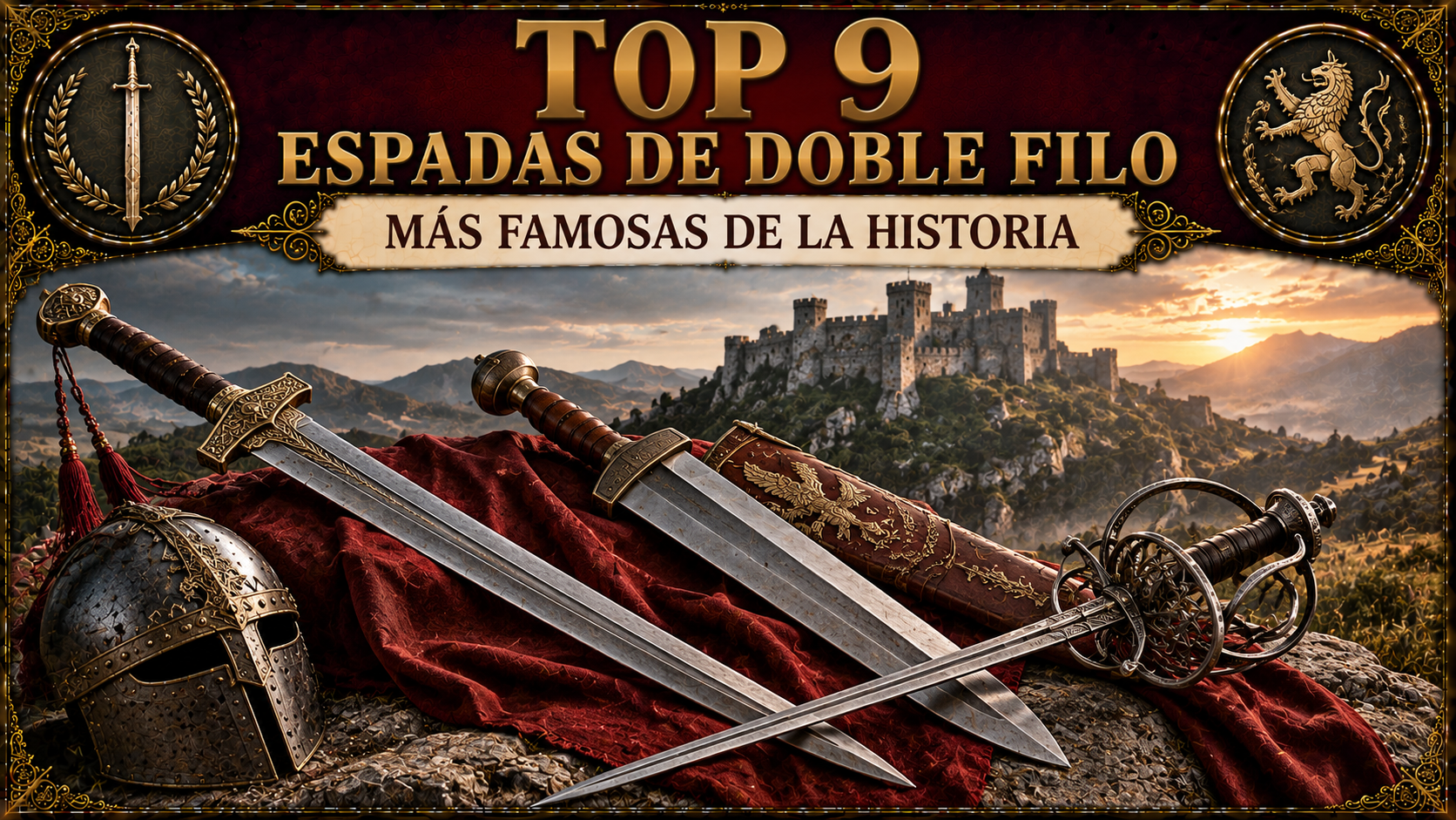 Un par de tipos de espadas de doble filo, con un paisaje de fondo, un casco a un lado y el título del artículo en la parte superior