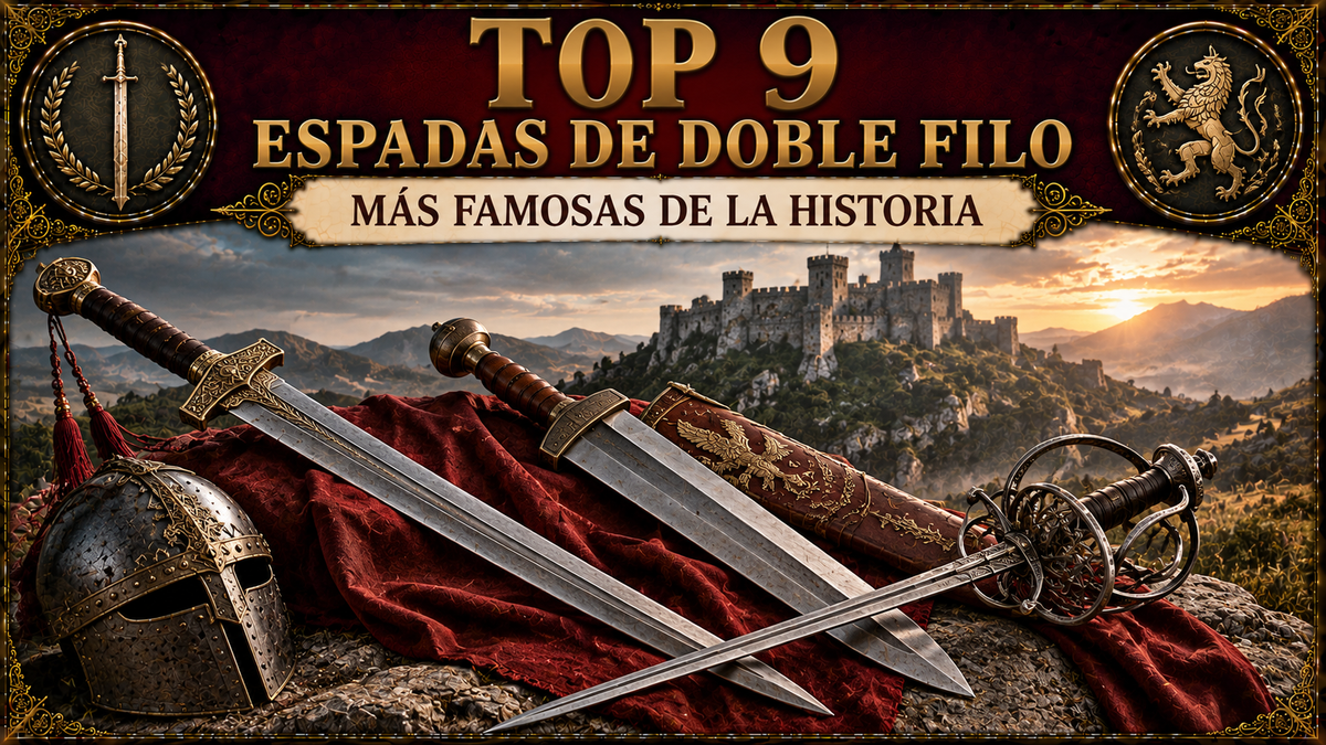 Un par de tipos de espadas de doble filo, con un paisaje de fondo, un casco a un lado y el título del artículo en la parte superior
