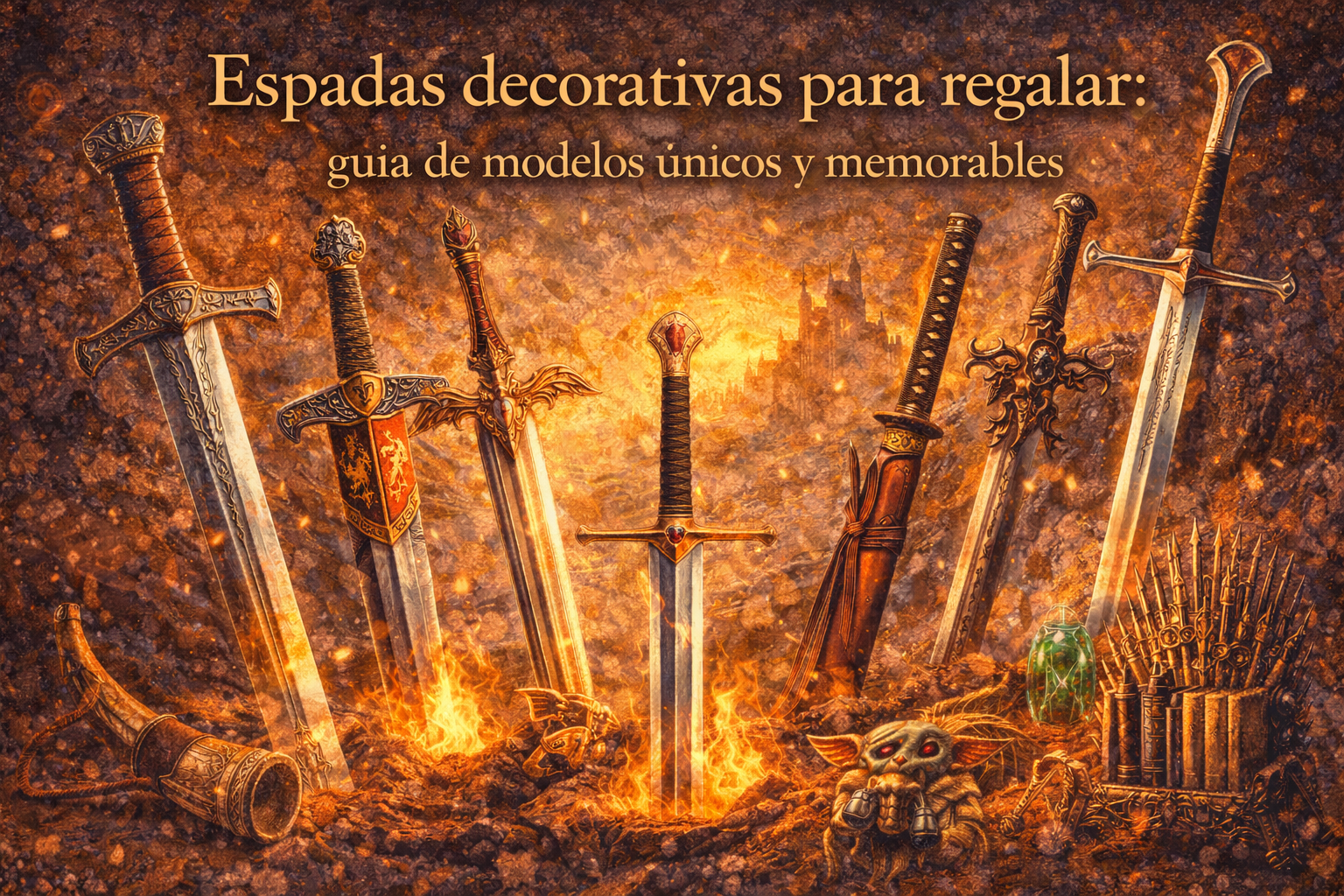 Imagen con muchas espadas que dice "Espadas decorativas para regalar: Guía de modelos únicos y memorables"