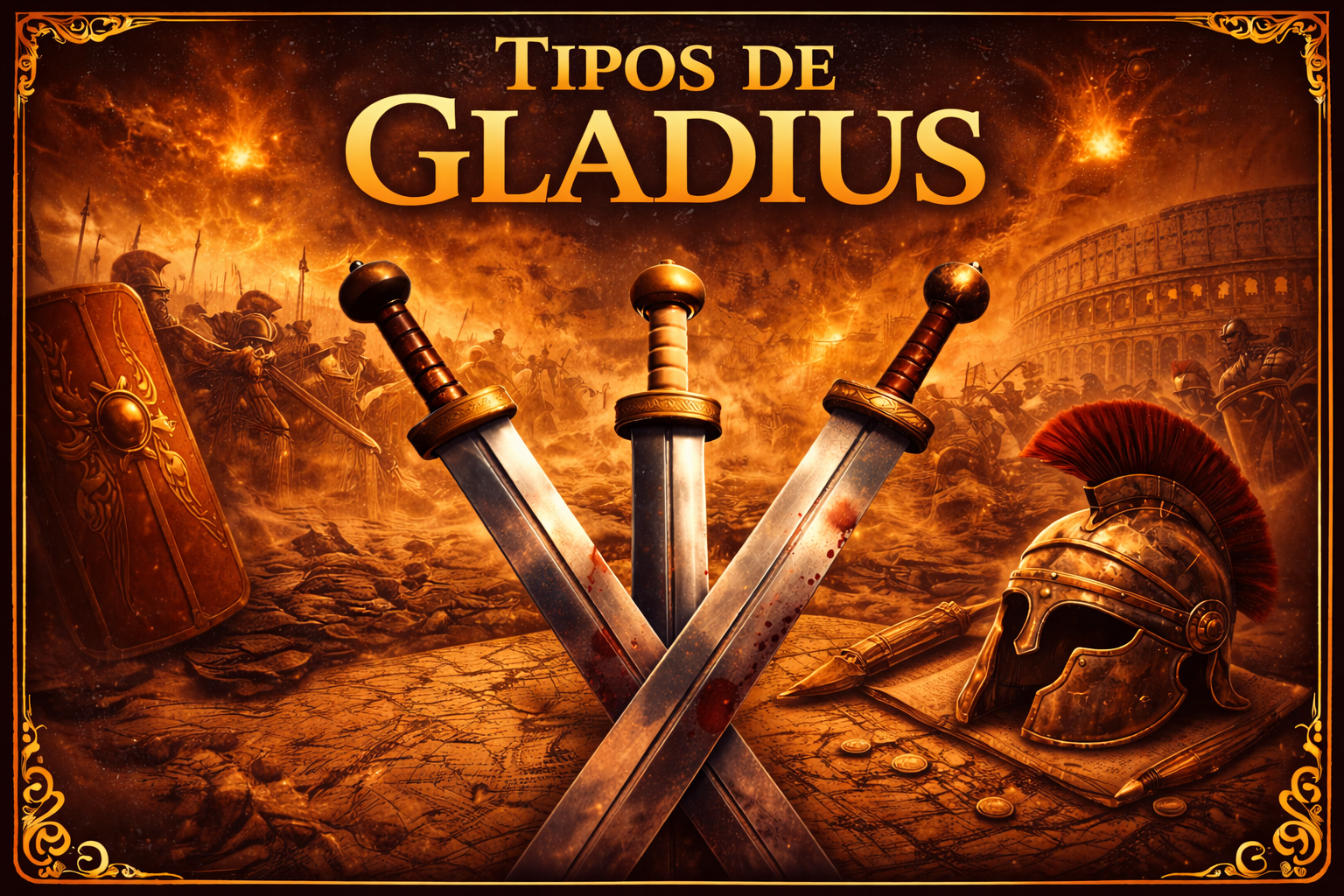Imagen de 3 Gladius, con un casco romano a un lado y un escudo al otro, ya integrándose con el fondo de tropas romanas y estructuras. Con el título "Tipos de Gladius" en la parte superior