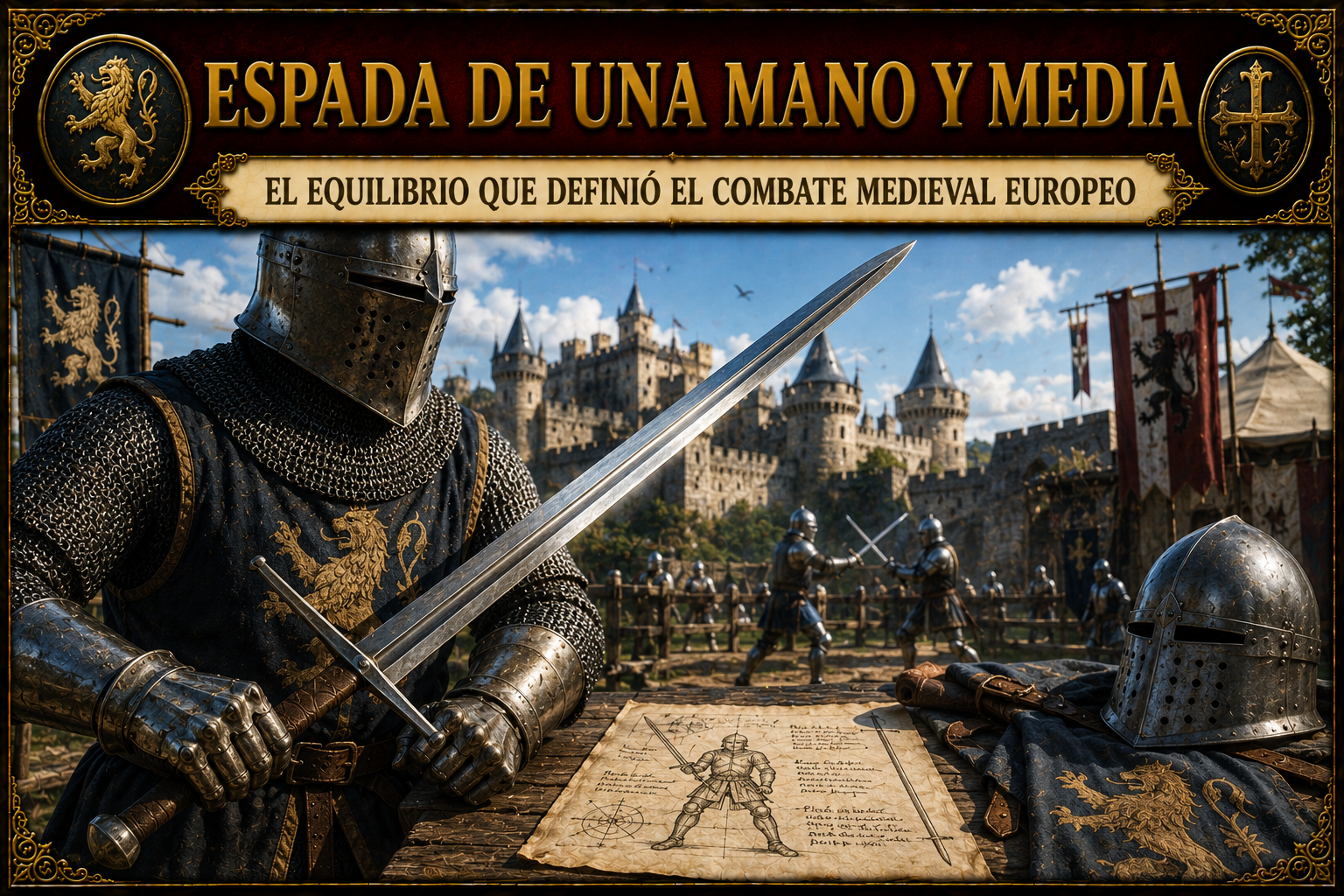 Se muestra un caballero medieval, con una espada de mano y media en su mano, y el título del artículo en la parte superior