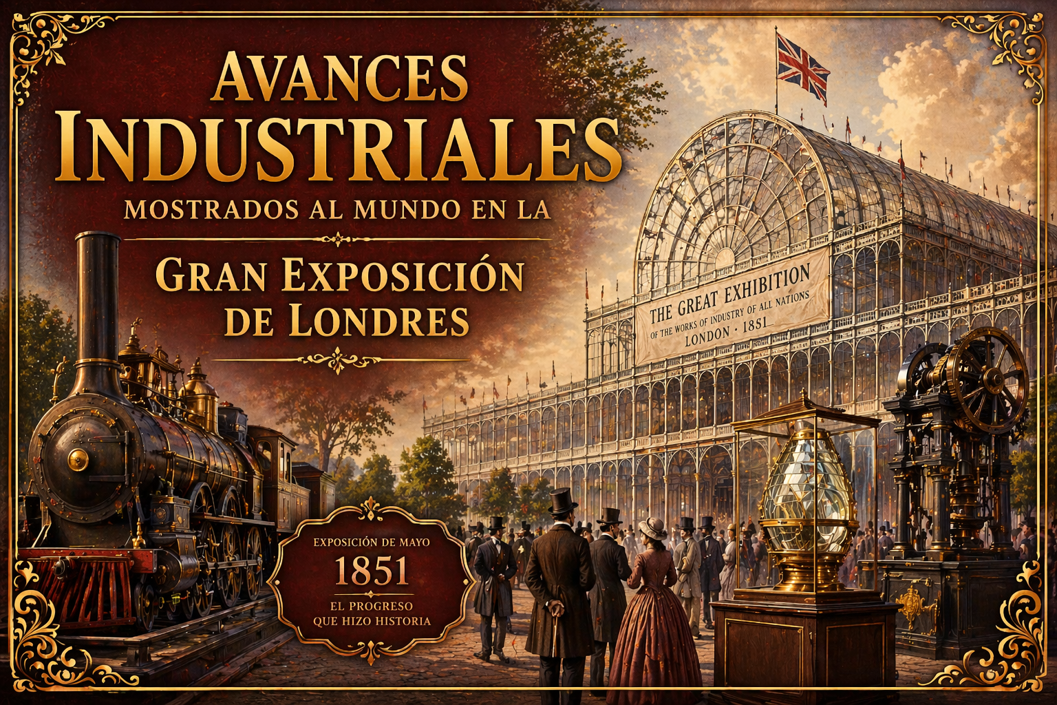 Imagen con personas, el Crystal Palace, ferrocarril y otros referentes históricos, con el título del artículo