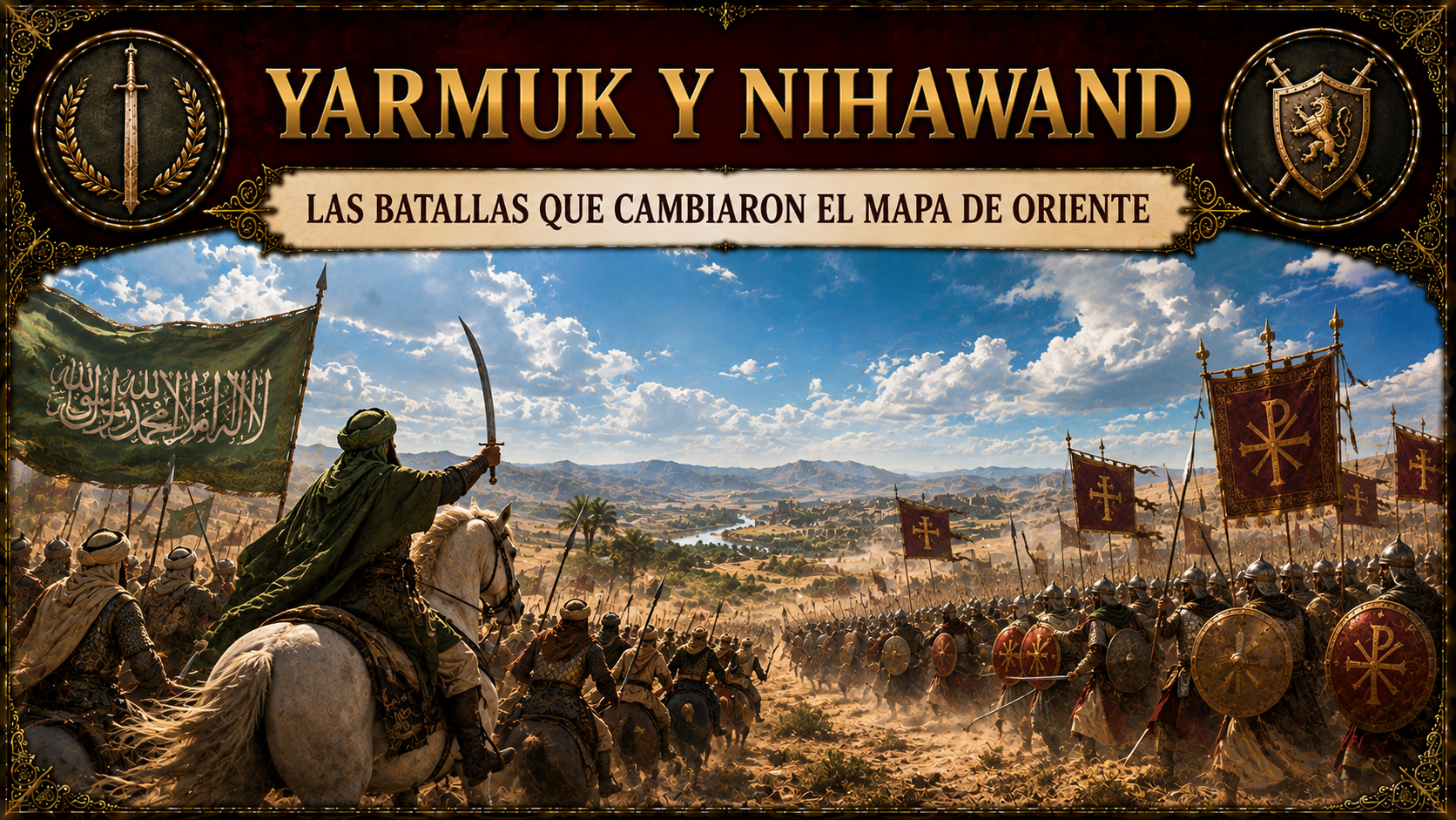 Ilustración de dos ejércitos camino a la batalla y el título del artículo en la parte superior