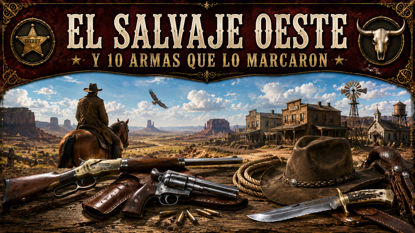 Imagen con referencia al Lejano Oeste y sus armas, con el título del artículo en la parte superior