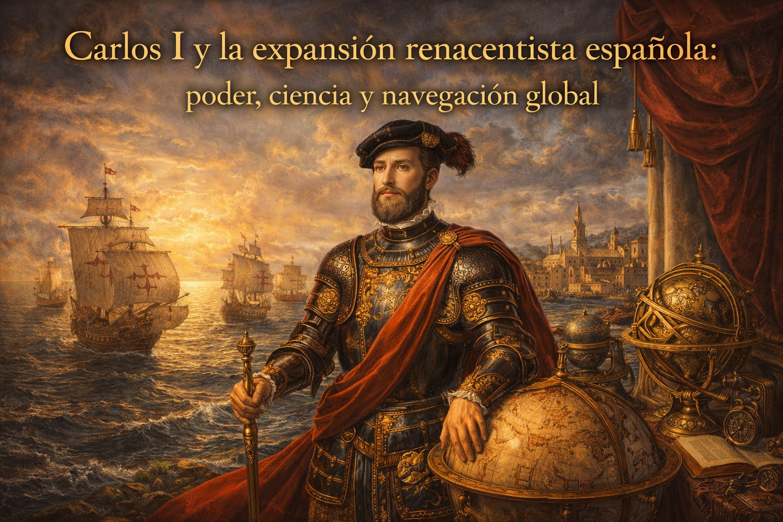 Imagen de Carlos I con navíos al fondo y el título del Artículo