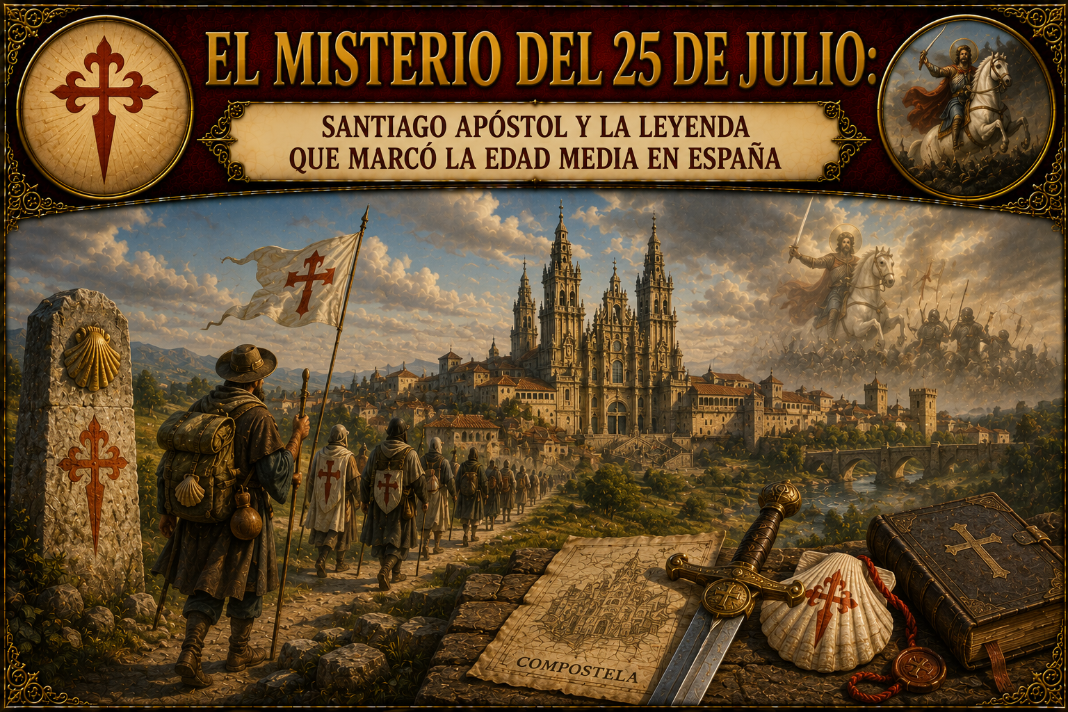 Ilustración representativa del Camino a Santiago, con el título del artículo en la parte superior