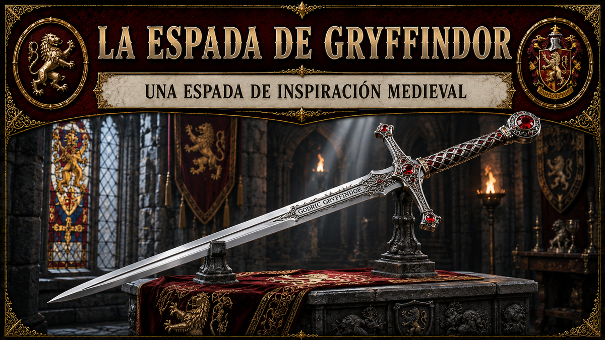 Espada al estilo de la Espada de Gryffindor, con el título del artículo en la parte superior