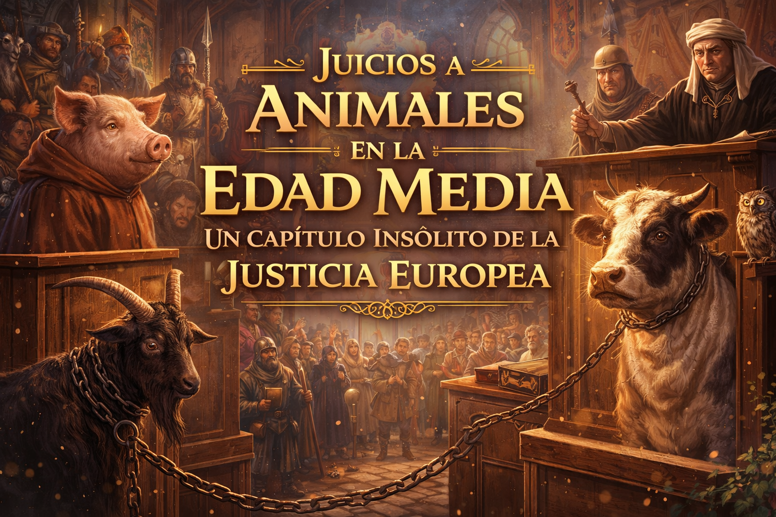 Imagen con un tribunal Medieval y varios animales siendo juzgados, con el título del artículo
