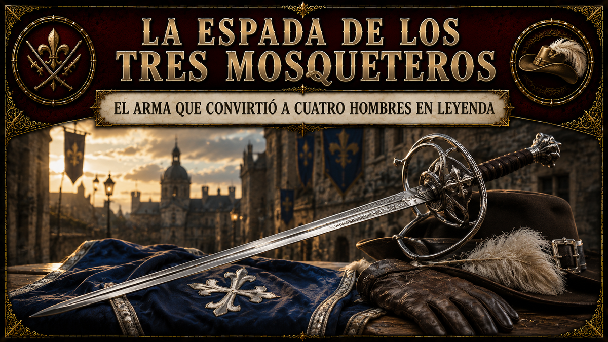 Imagen de una espada ropera con túnica y sombrero característico de los tres mosqueteros. El título del artículo en la parte superior
