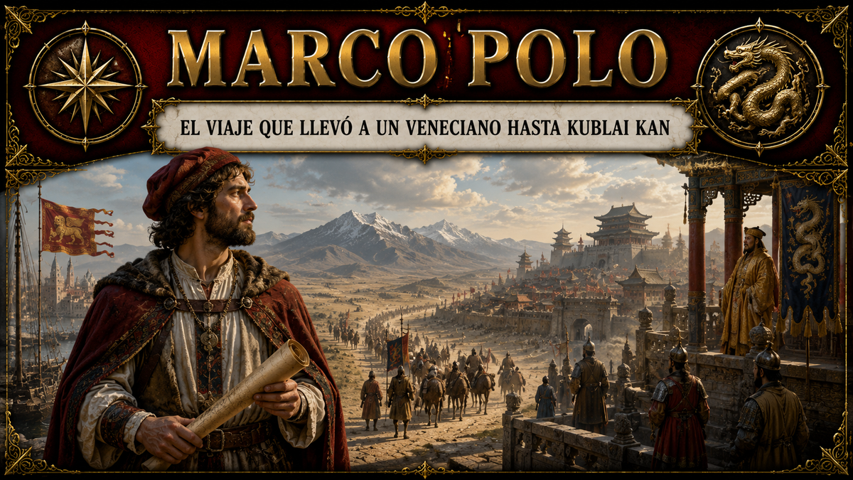 Ilustración de Marco Polo con un fondo oriental y el título del artículo