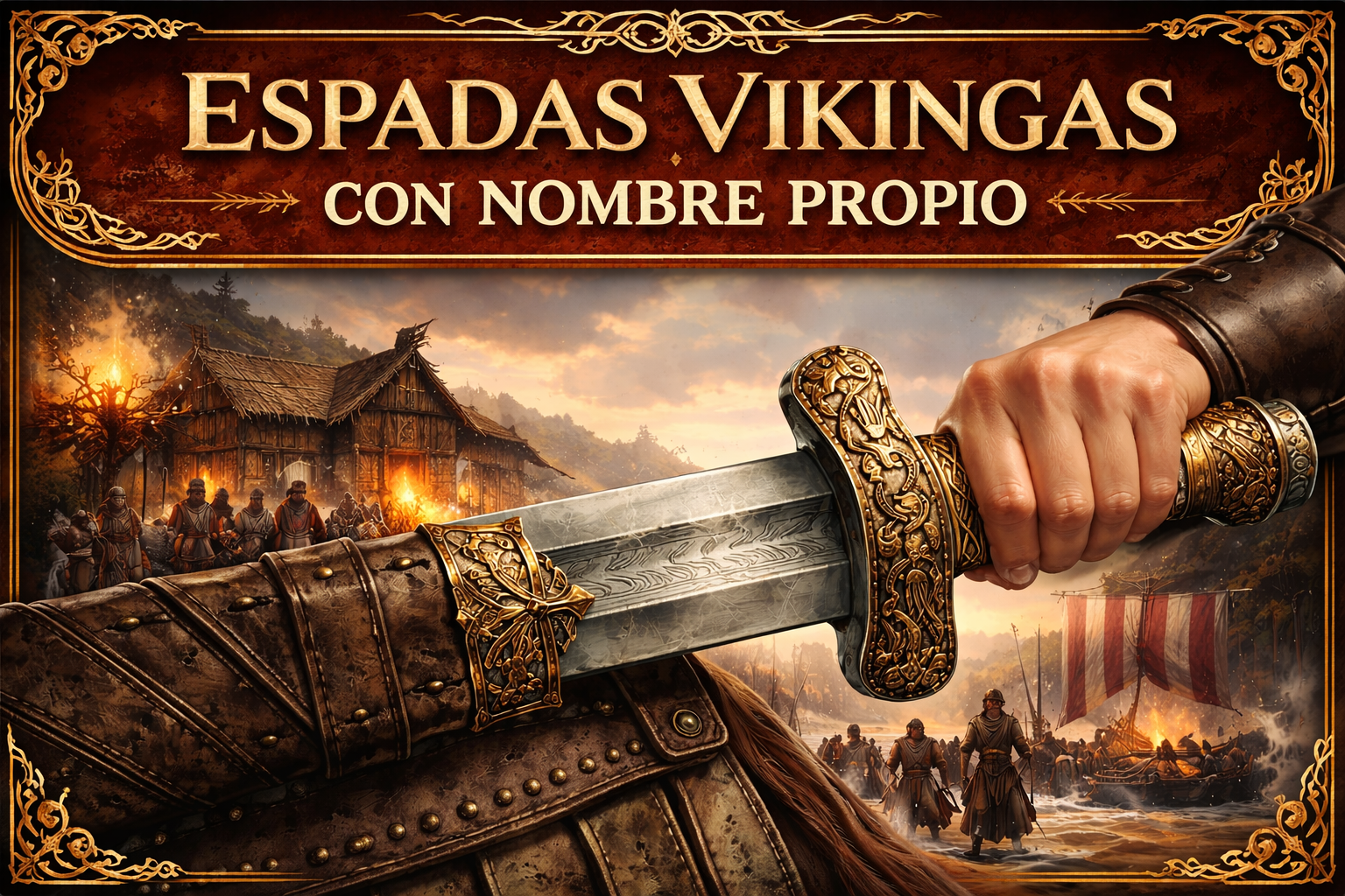 Una mano sacando una espada de su vaina en primer plano, con un fondo que evoca una aldea vikinga o atacada por vikingos, y el título "Espadas Vikingas con nombre propio" en la parte superior
