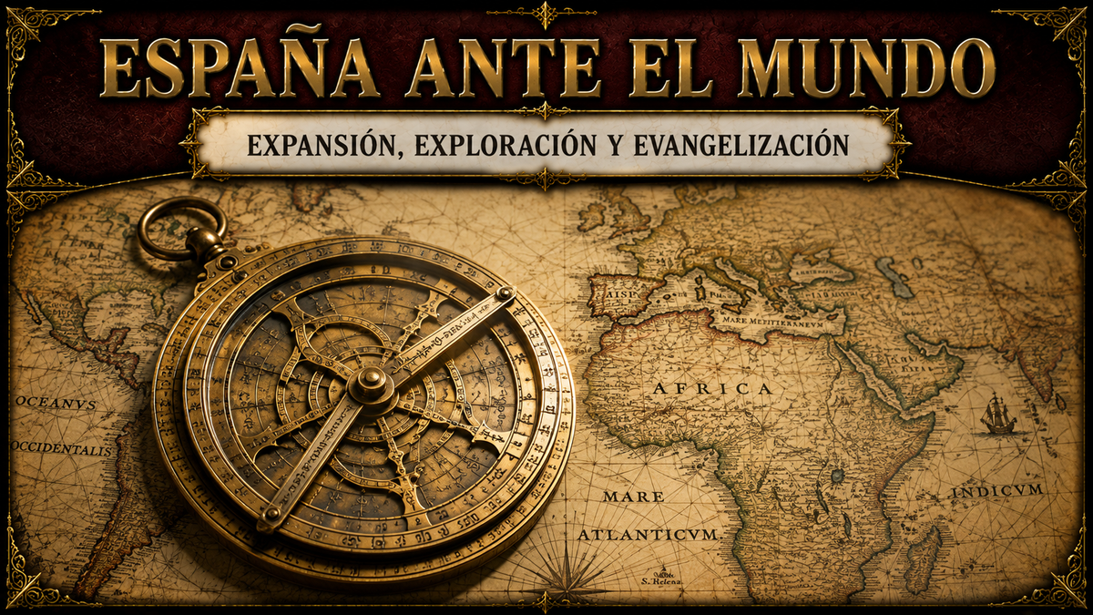 Un mapa con un astrolabios y el título del artículo en la parte superior