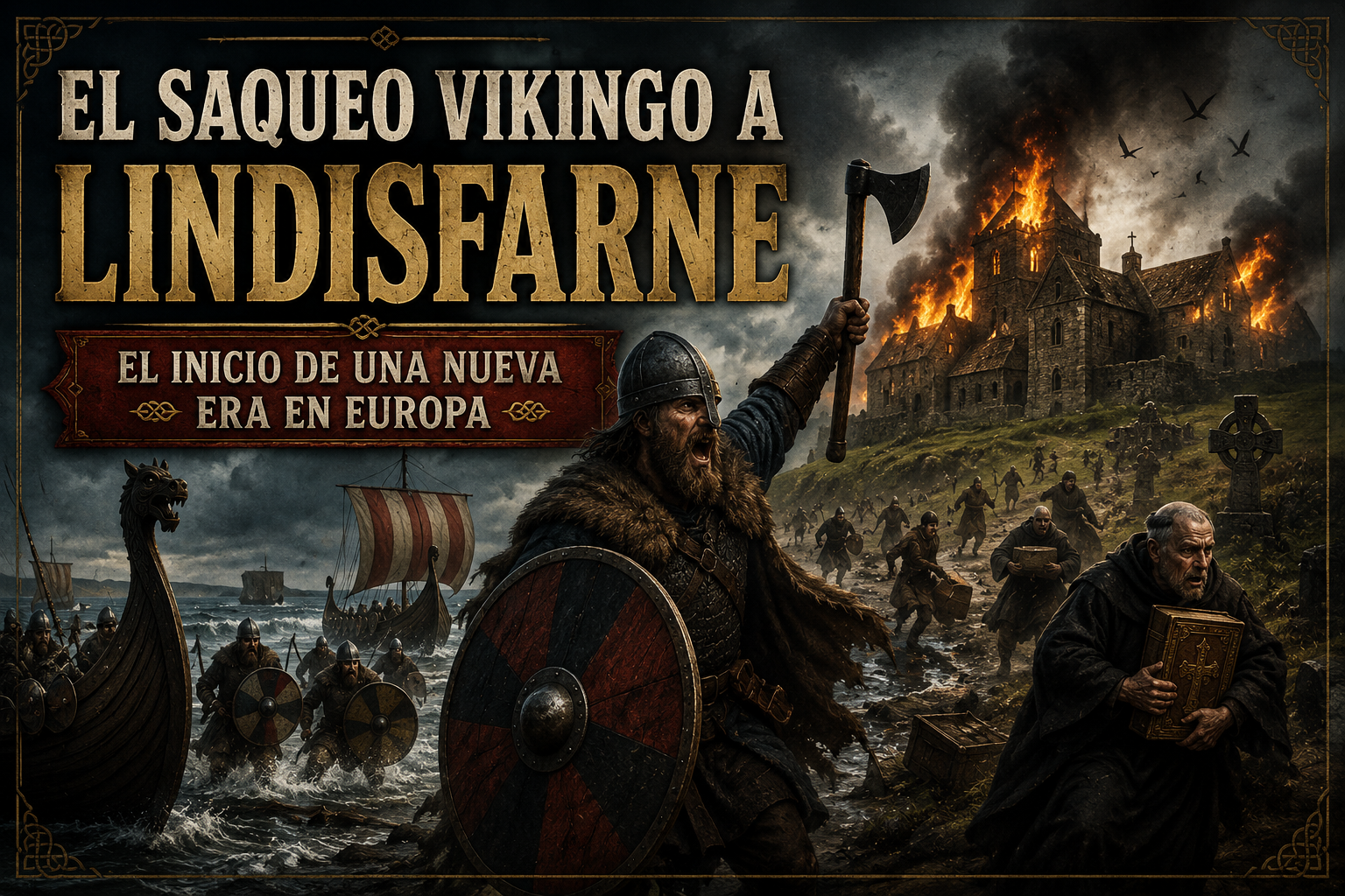 Vikingos desembarcando y atacando una construcción medieval, con el título del artículo al frente
