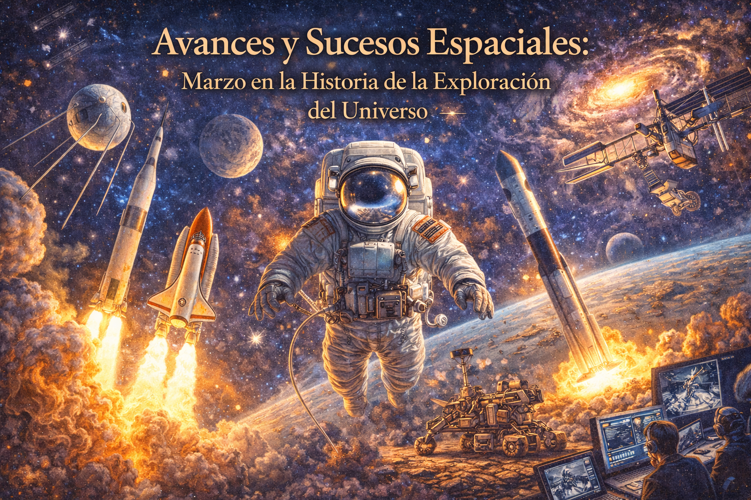 Imagen de un astronauta y varias cosas relacionadas al espacio
