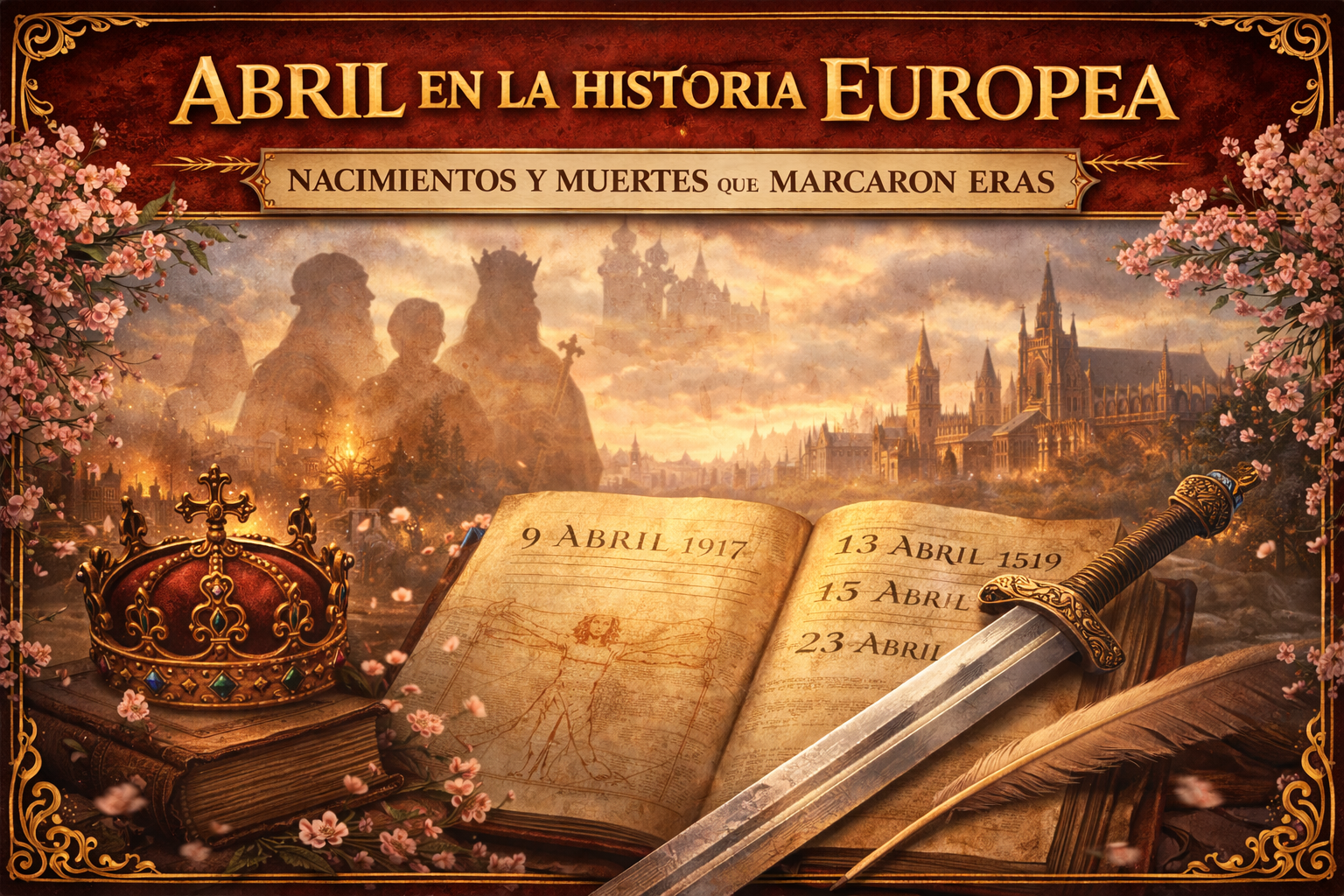 Imagen con una corona, libros, una espada y una pluma, con siluetas y castillos de fondo, que dice "Abril en la historia europea, nacimientos y muertes que marcaron eras"