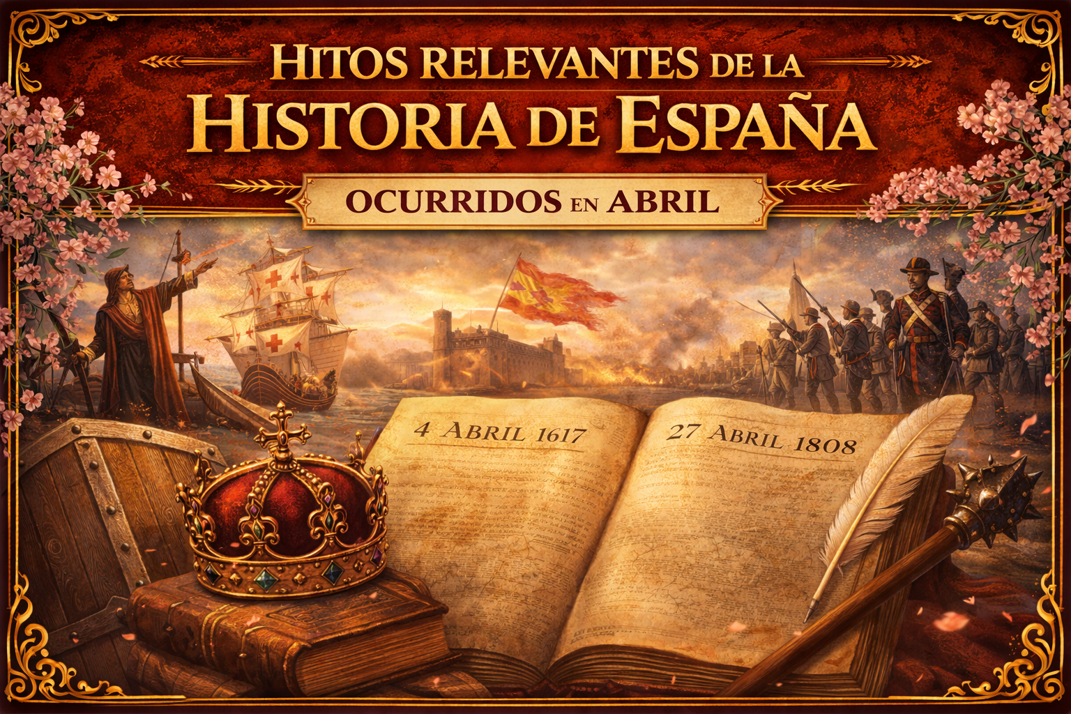 Una corona y un diario con una pluma en primer plano, con Colón, navíos y soldados de fondo, y el título del artículo en la parte superior