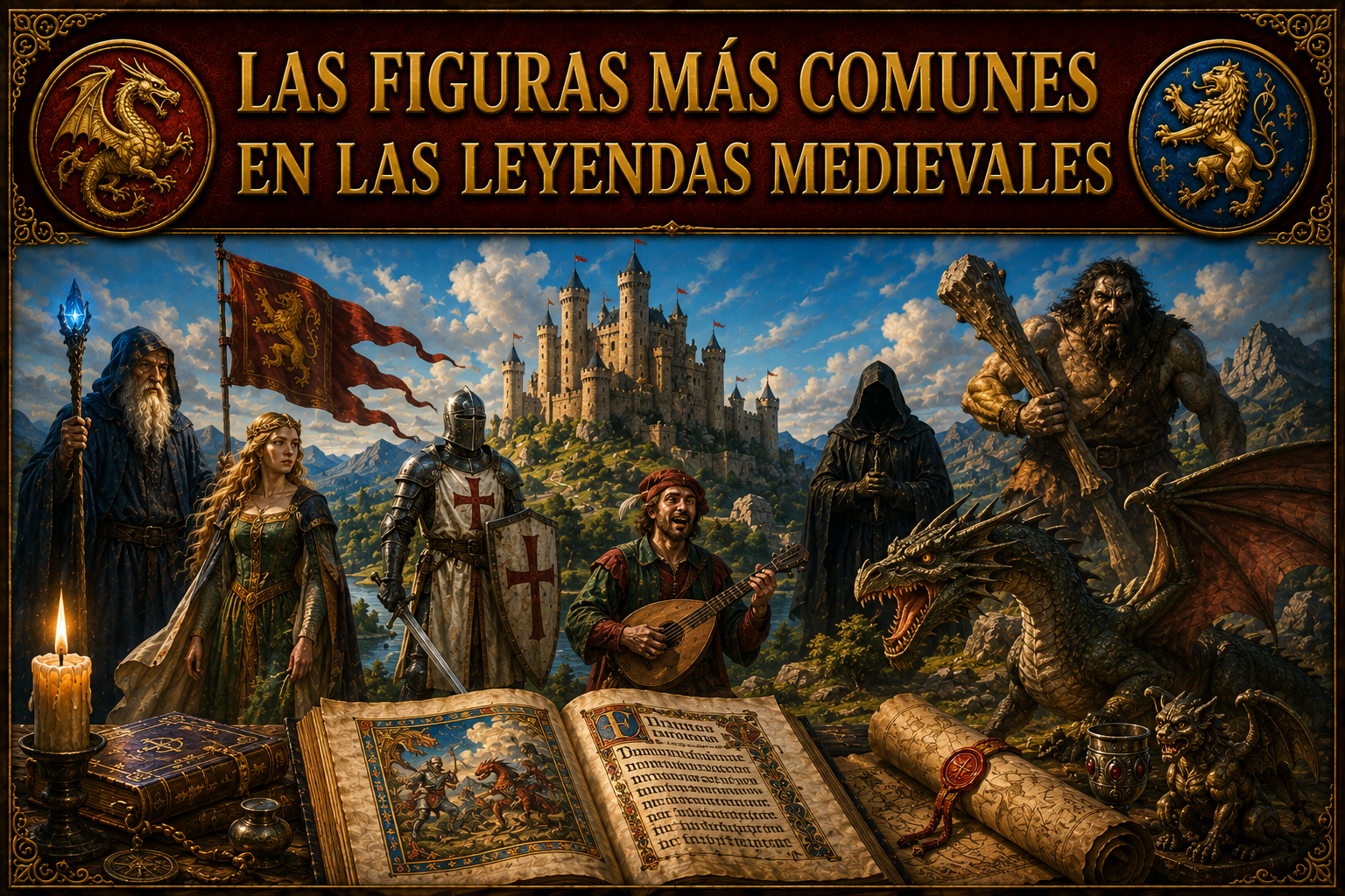 Varios referentes a leyendas medievales, ilustrados, con el tìtulo "Las figuras más comunes en las leyendas medievales" en la parte superior, y un libro y pergaminos en la inferior