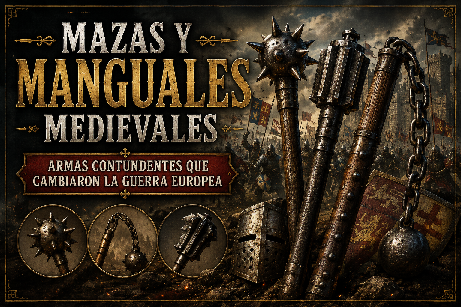 Mazas y Manguales con fondo de guerreros y el título del artículo a un lado