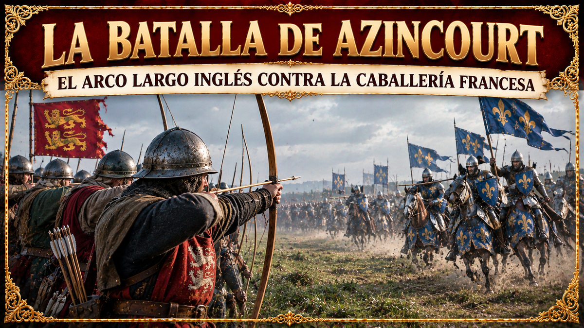 Ilustración en representación de Arqueros Ingleses y Caballería Francesa, con el título del artículo en la parte superior