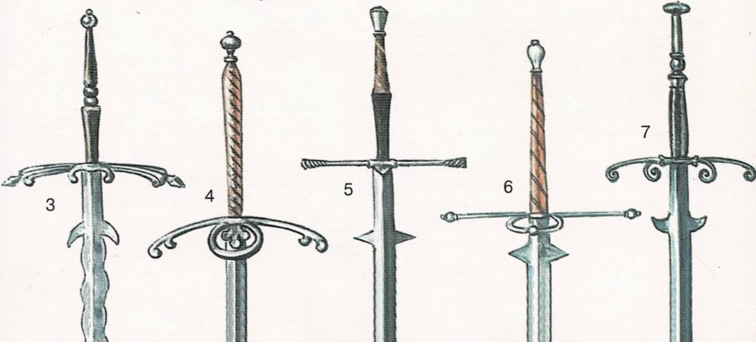 Empuñaduras de diferentes espadas de dos manos, ilustradas