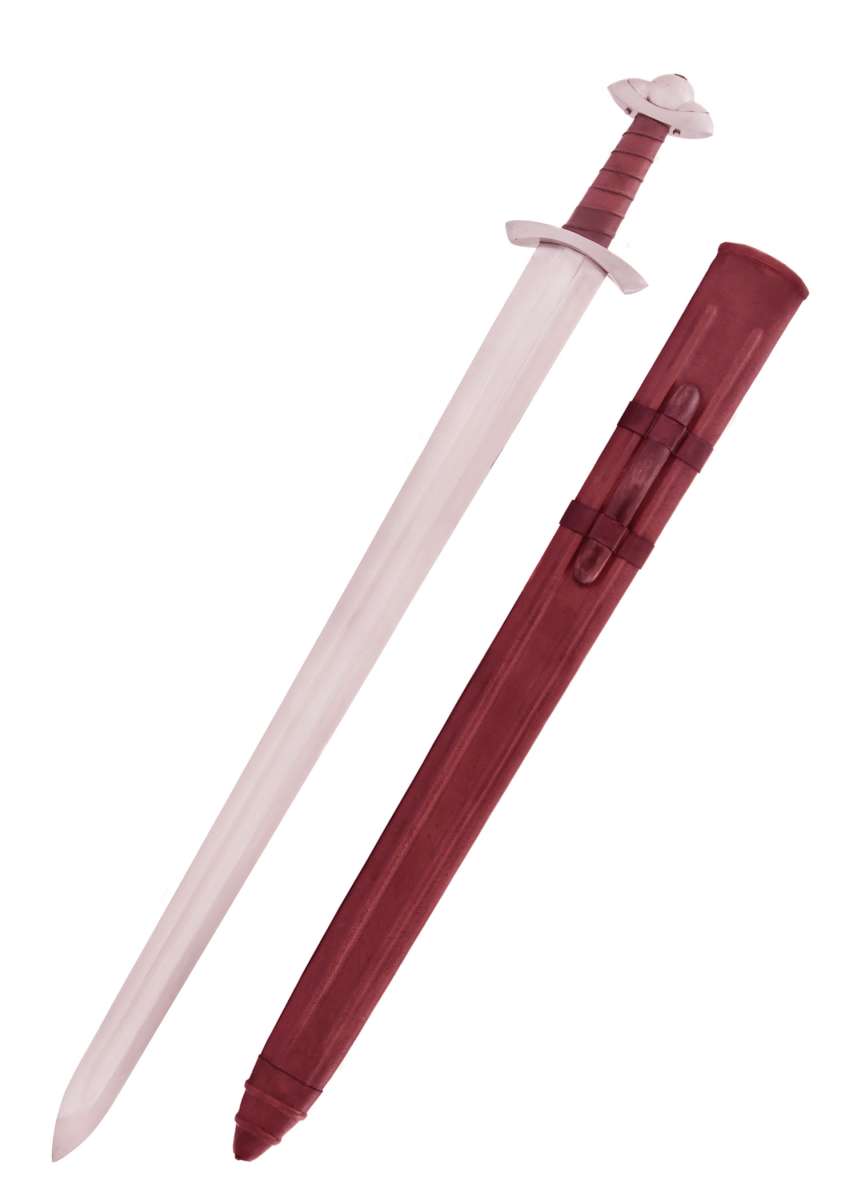 Espada vikinga Petersen Tipo L con vaina de cuero rojo - vista completa