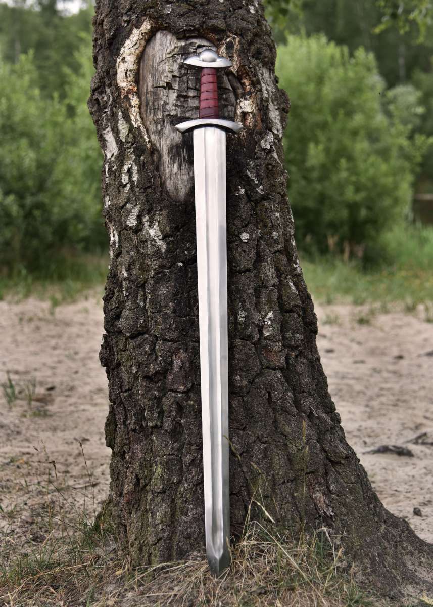 Espada vikinga Petersen L - detalle hoja y vaina en exterior