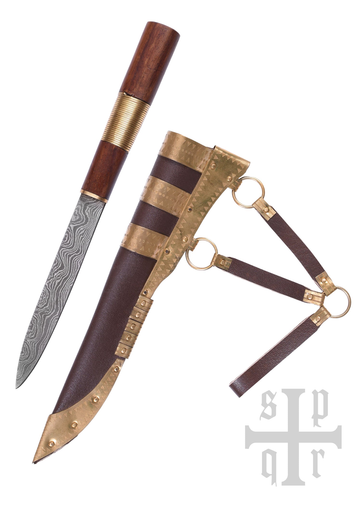 Imagen única de: Cuchillo Vikingo De Acero De Damasco Con Mango De Madera/latón