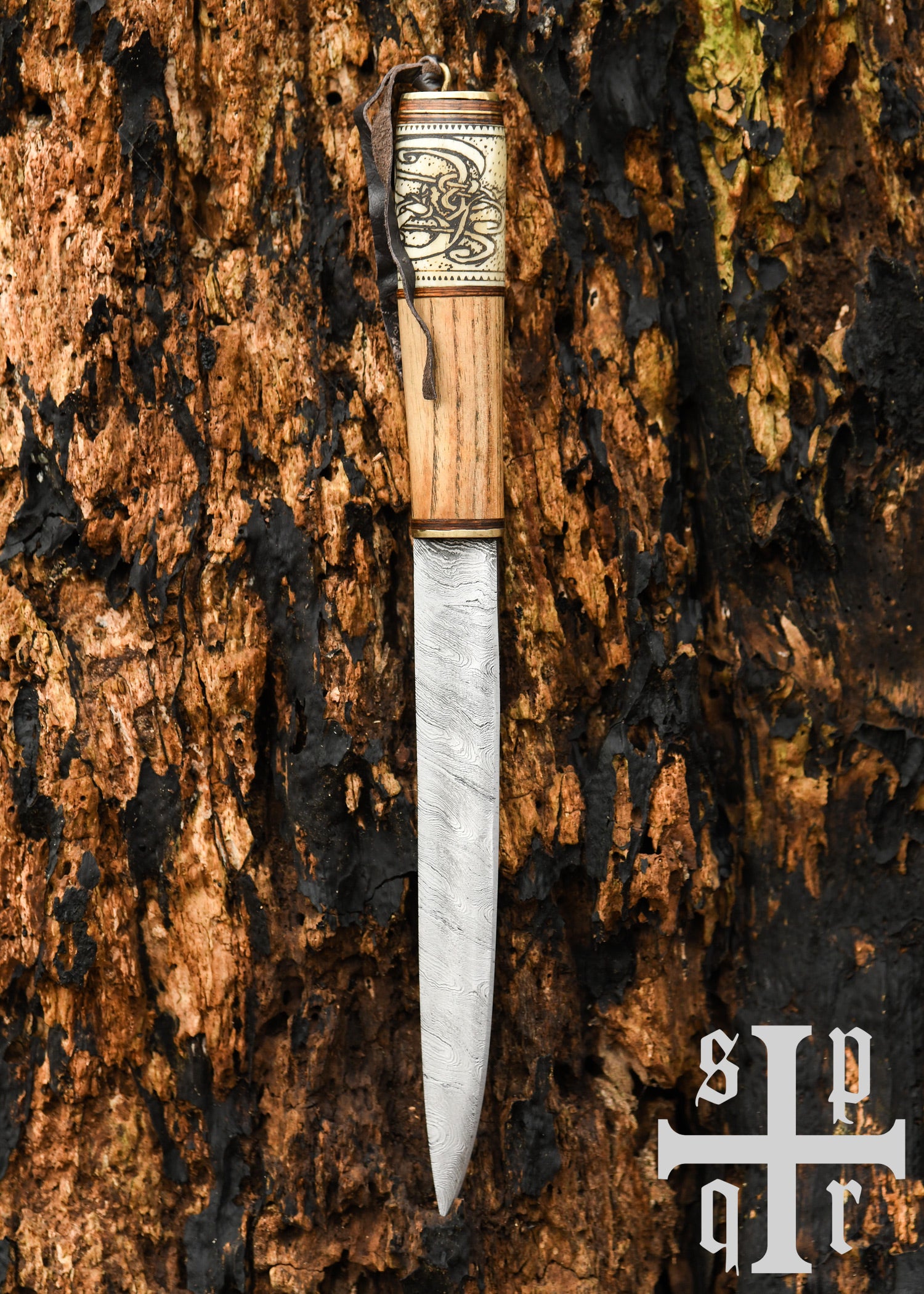 Imagen única de: Cuchillo Vikingo, Acero De Damasco, Mango De Madera/hueso Con Diseño De Nudos