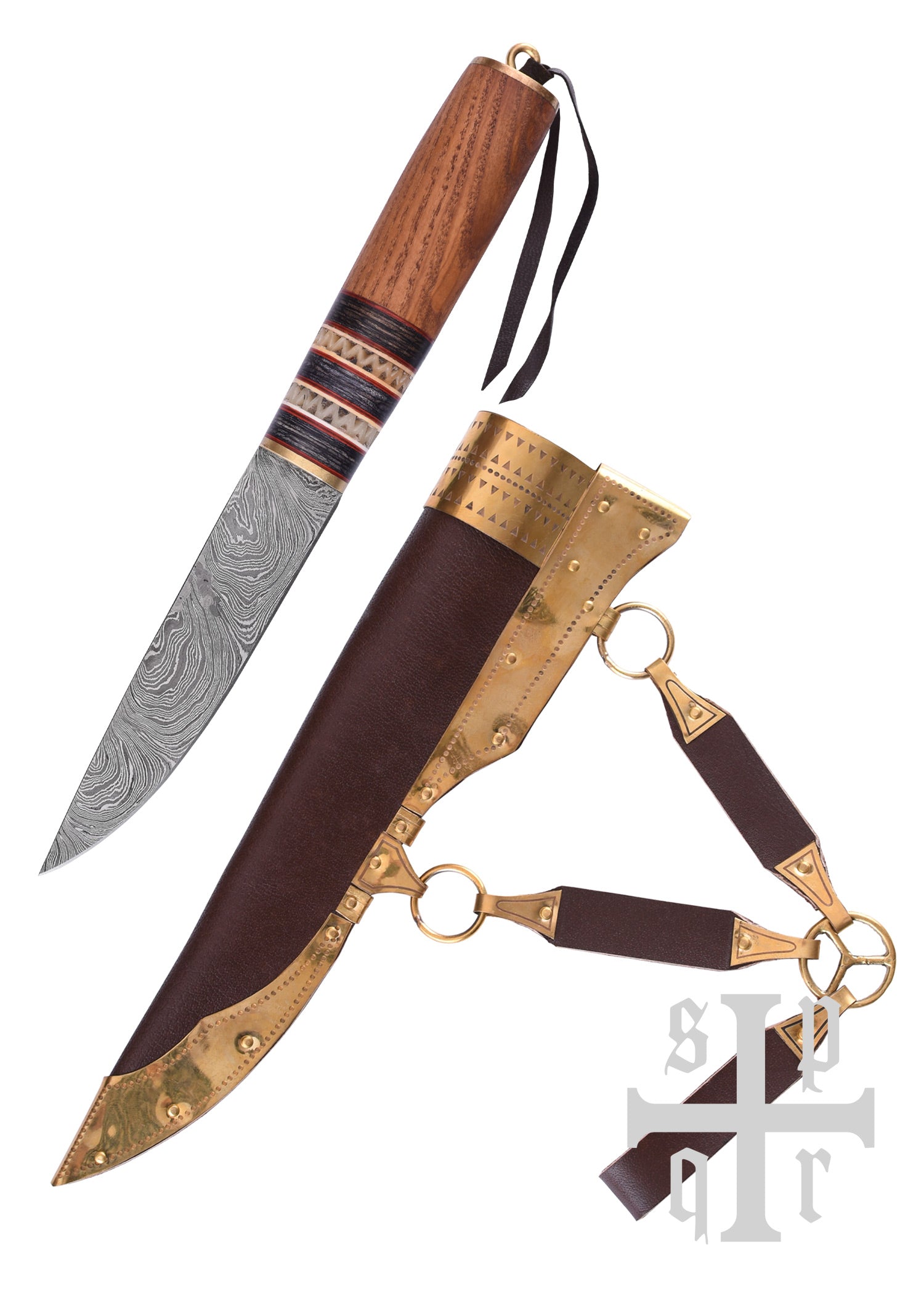 Imagen única de: Cuchillo Vikingo Fabricado En Acero De Damasco, Mango De Madera Con Ribete De Hueso.