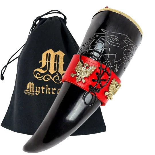 Imagen única de: Cuerno para Beber Vikingo el Rey del Norte 300 Ml con Soporte de Cuero Rojo