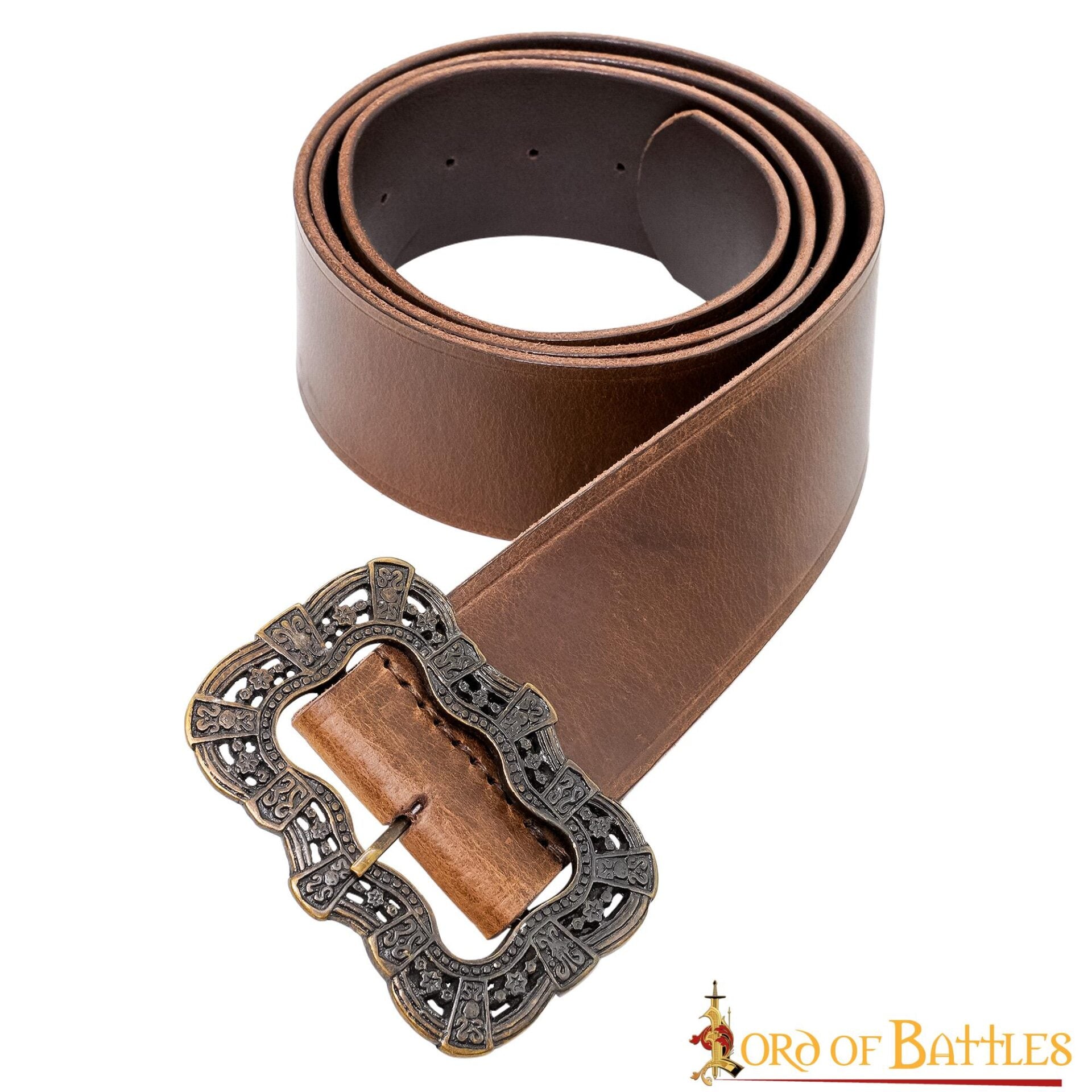 Cinturón medieval de cuero hecho a mano con hebilla ornamentada de latón - imagen 16