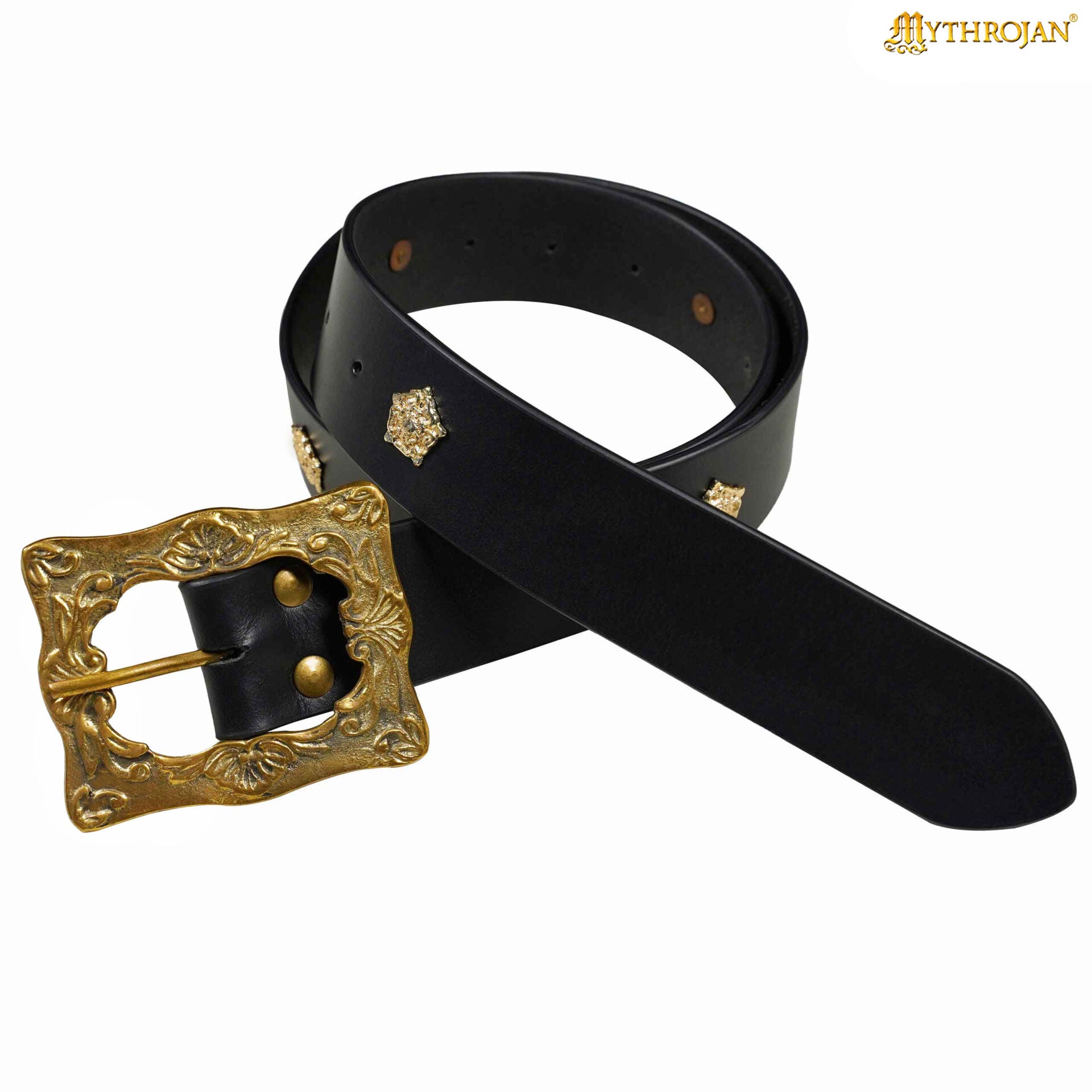Cinturón medieval Mythrojan de cuero negro con hebilla de latón