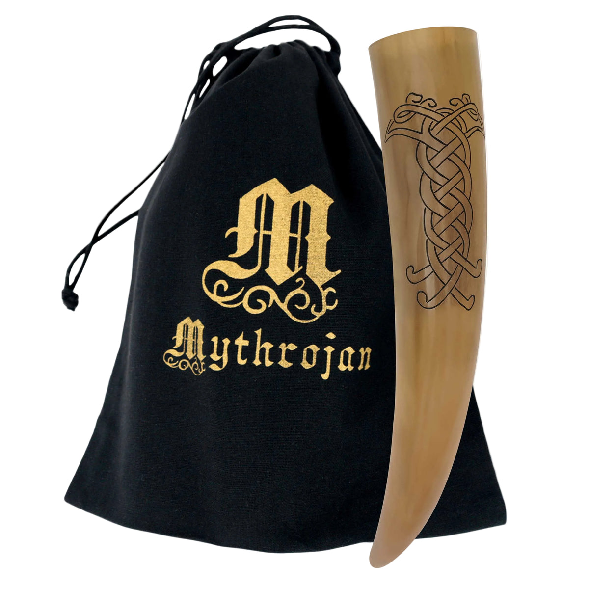 Cuerno vikingo para beber (400 ml) — cuerno de buey grabado a mano con funda