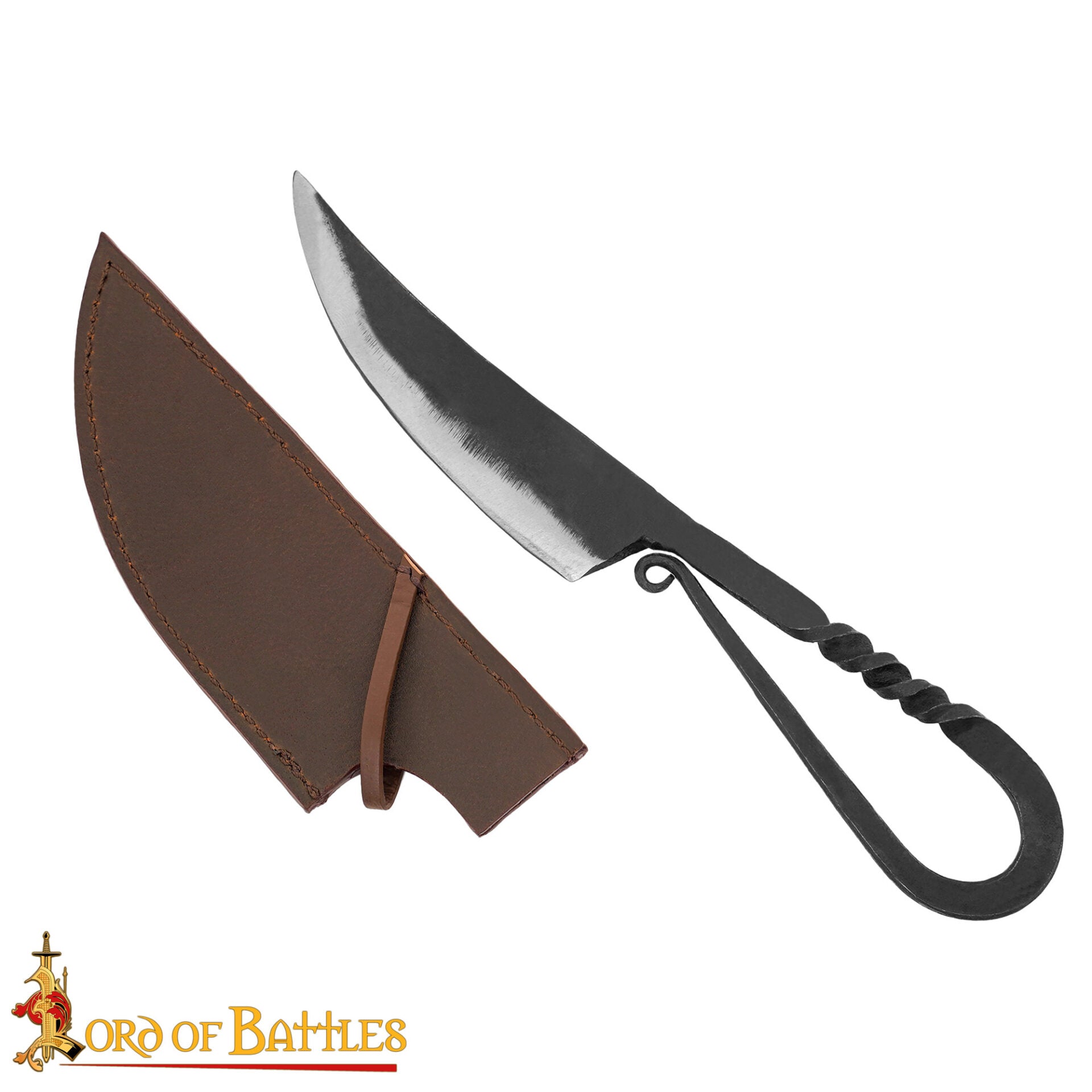 Imagen única de: Auténtico Cuchillo Vikingo de Hierro Forjado a Mano - Mango Retorcido con Vaina de Cuero Auténtico