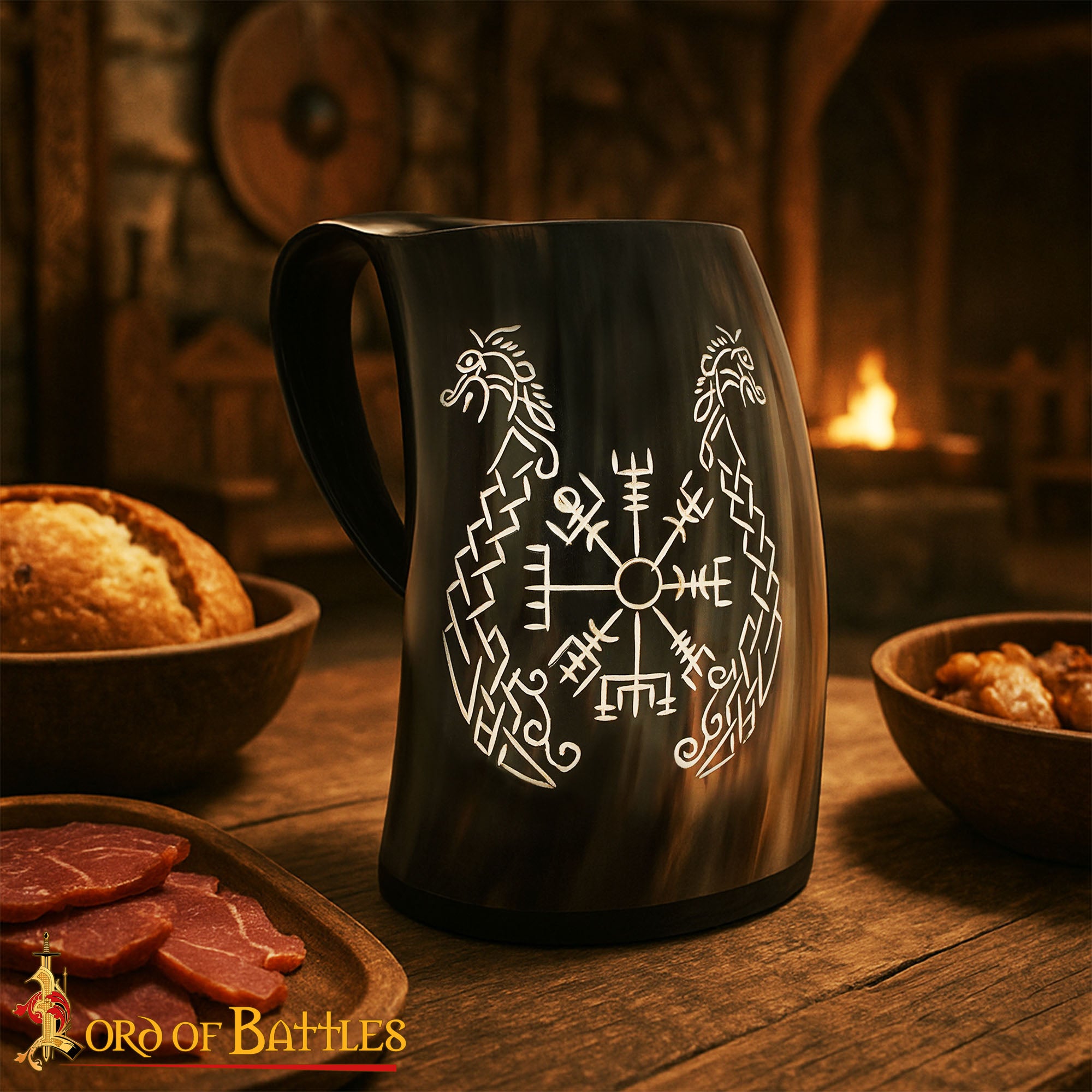 Imagen única de: Jarra Vikinga de Cuerno – Hecha a Mano con Grabado