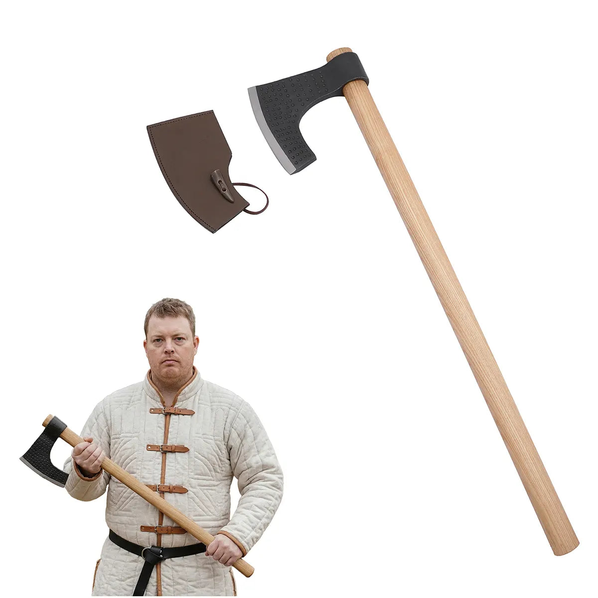 Hacha vikinga forjada a mano con funda de cuero genuino
