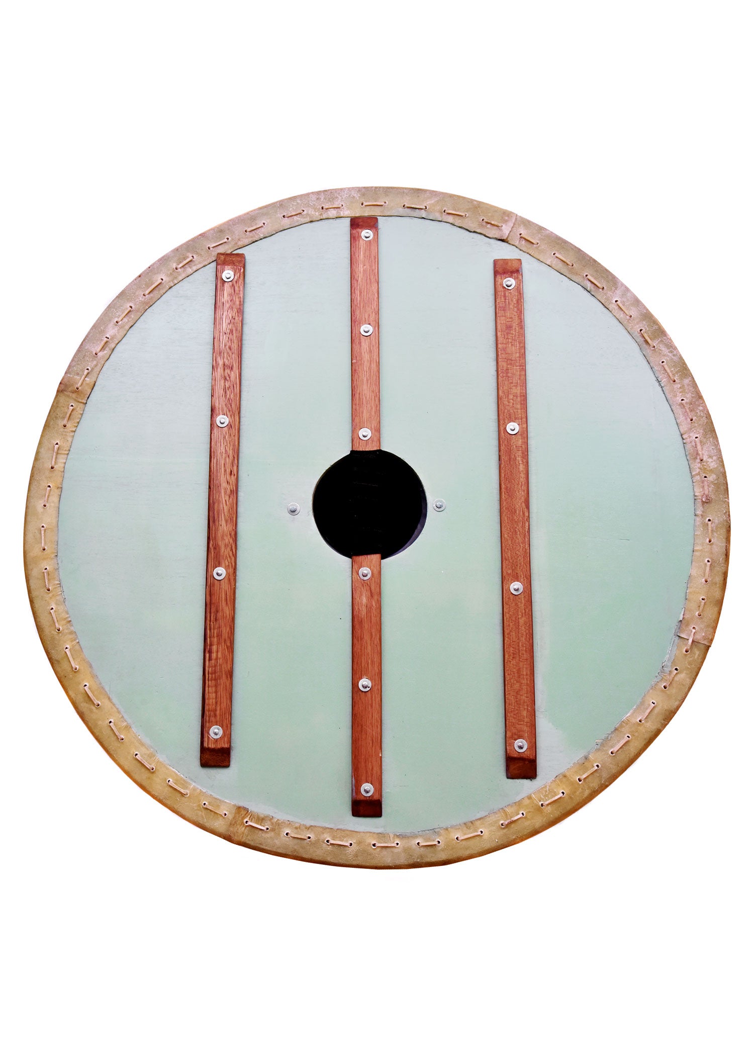 Imagen única de: Escudo Vikingo 'Fenrir' Con Borde De Cuero Crudo, 80 Cm