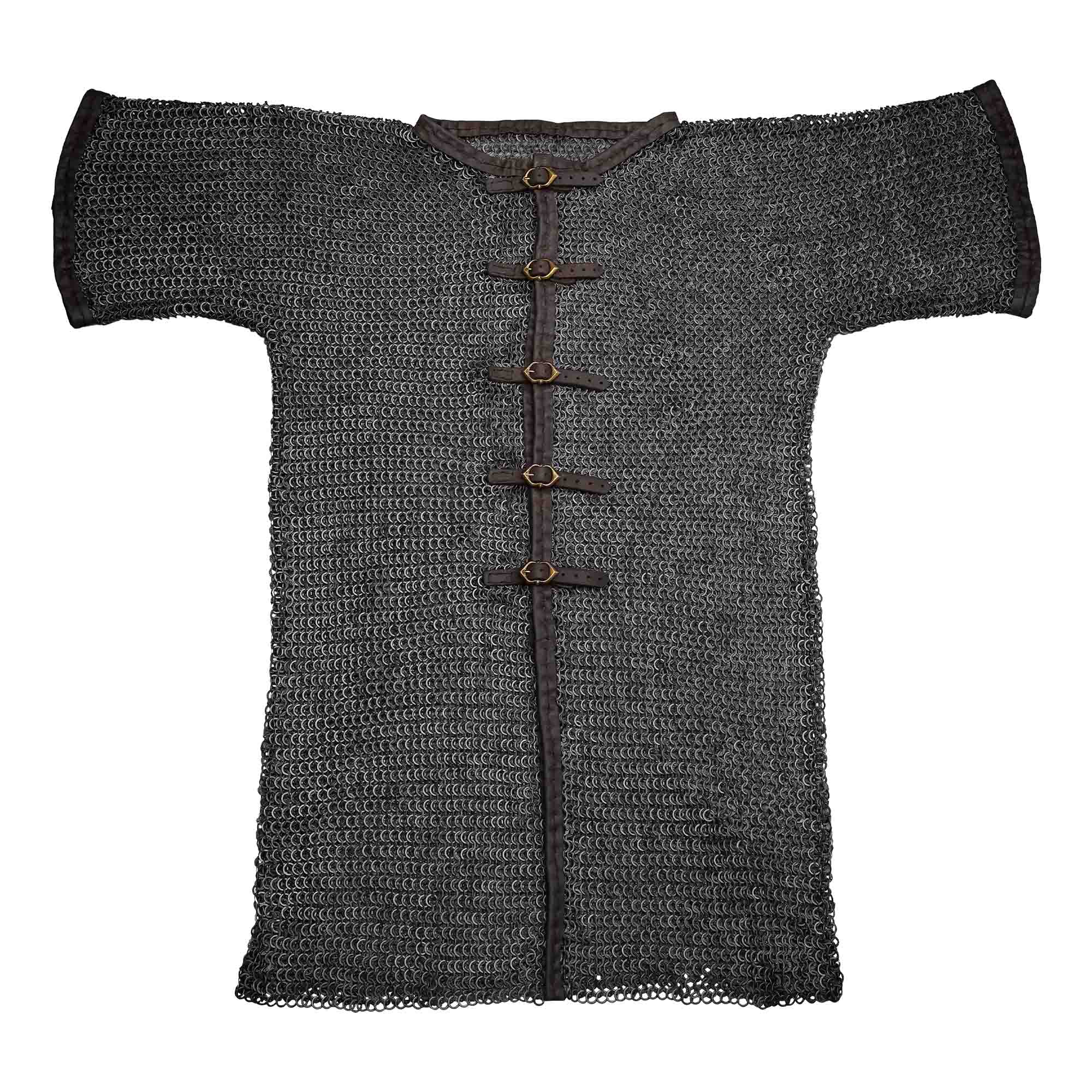 Cota de malla (byrnie) con cuero genuino — anillas 9 mm, 17 gauge, acero