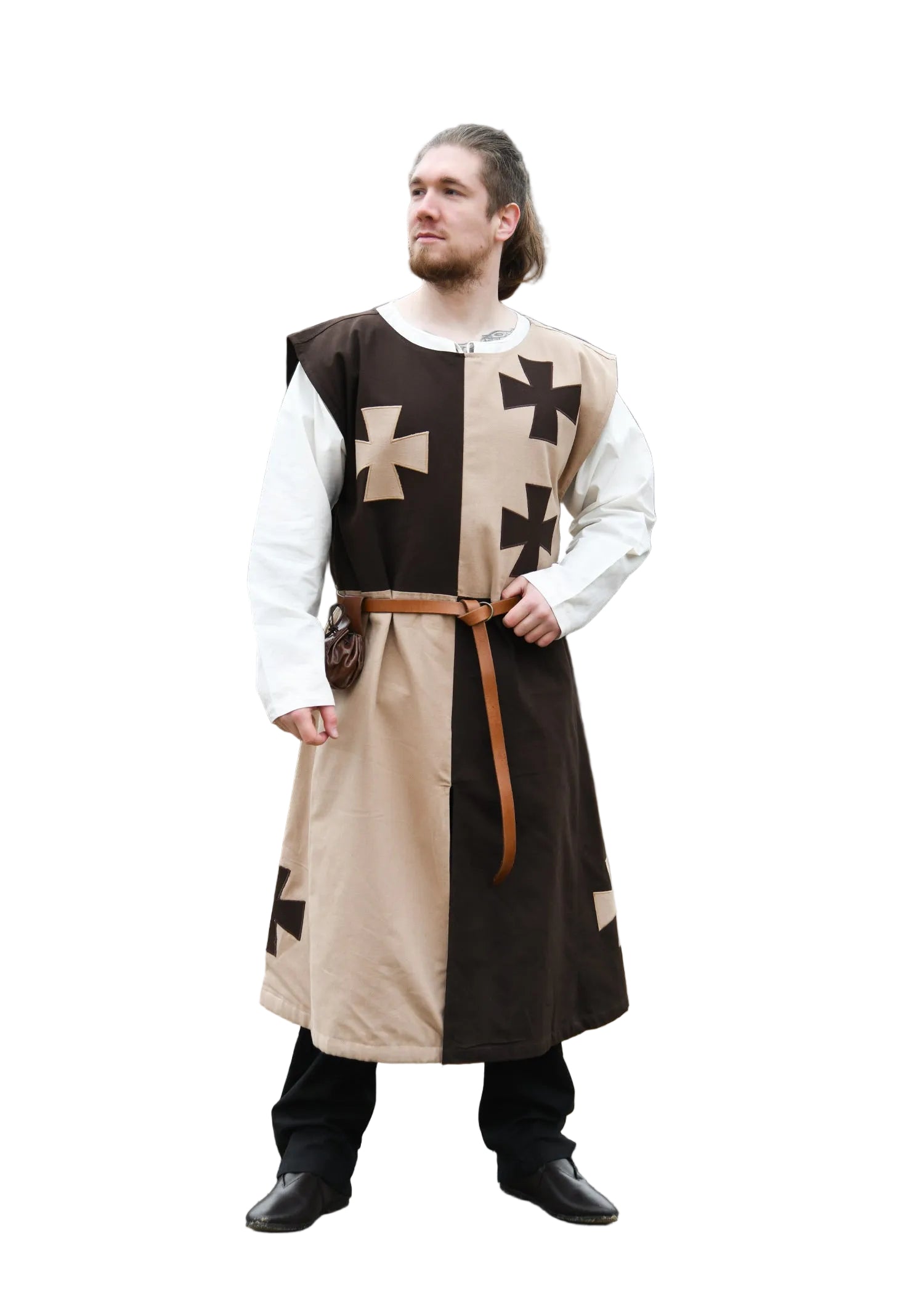 Imagen única de: Tabardo Medieval Forrado Con Cruces De Zarpas, Marrón