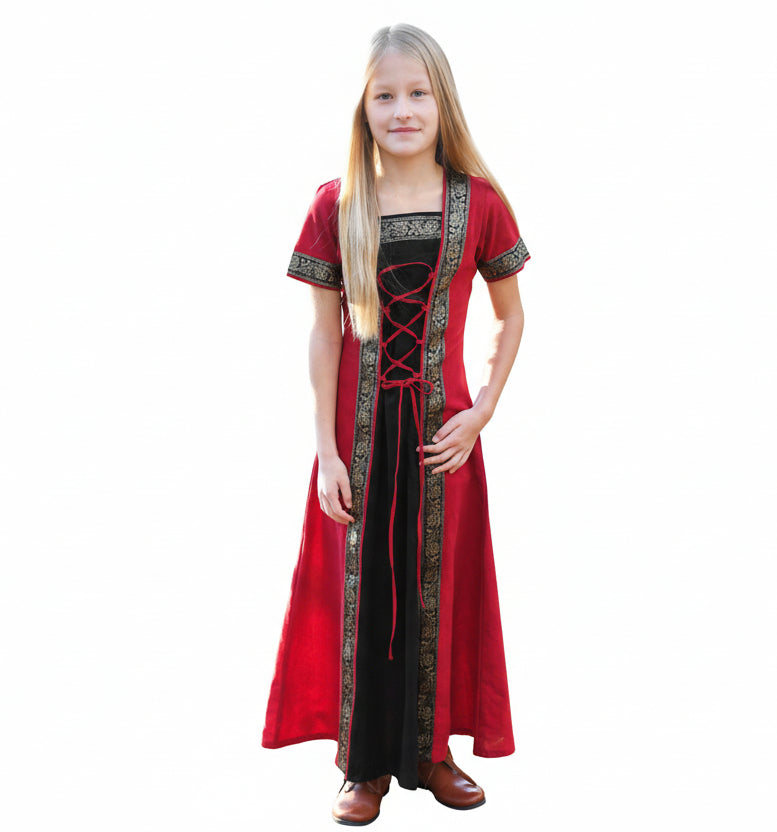Imagen única de: Vestido Medieval Infantil Eleanor, Manga Corta, Rojo/negro