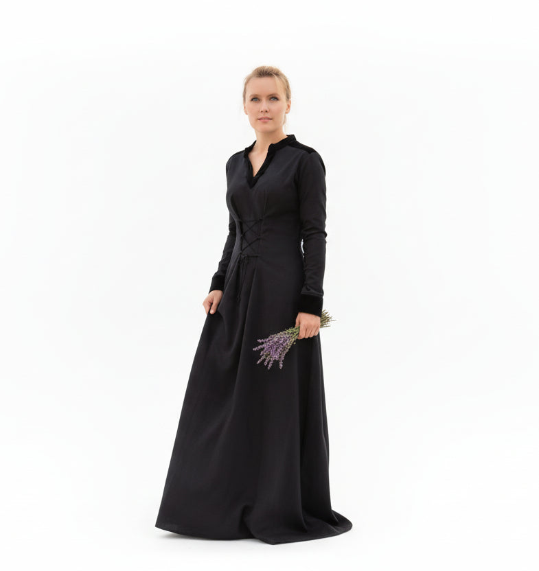 Imagen única de: Vestido Medieval Meira Con Detalles De Terciopelo, Negro