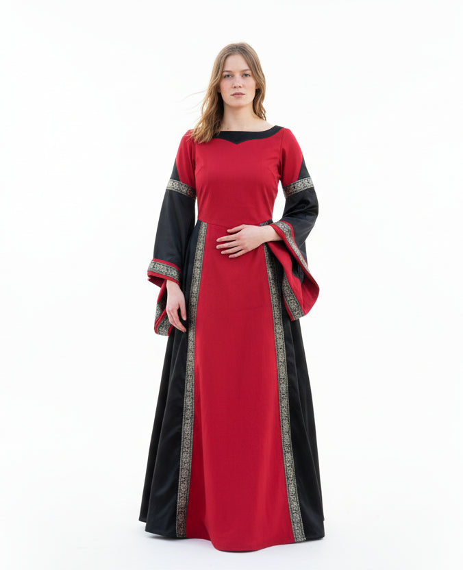 Imagen única de: Vestido Medieval Noble, Bliaut Josephine, Rojo/negro