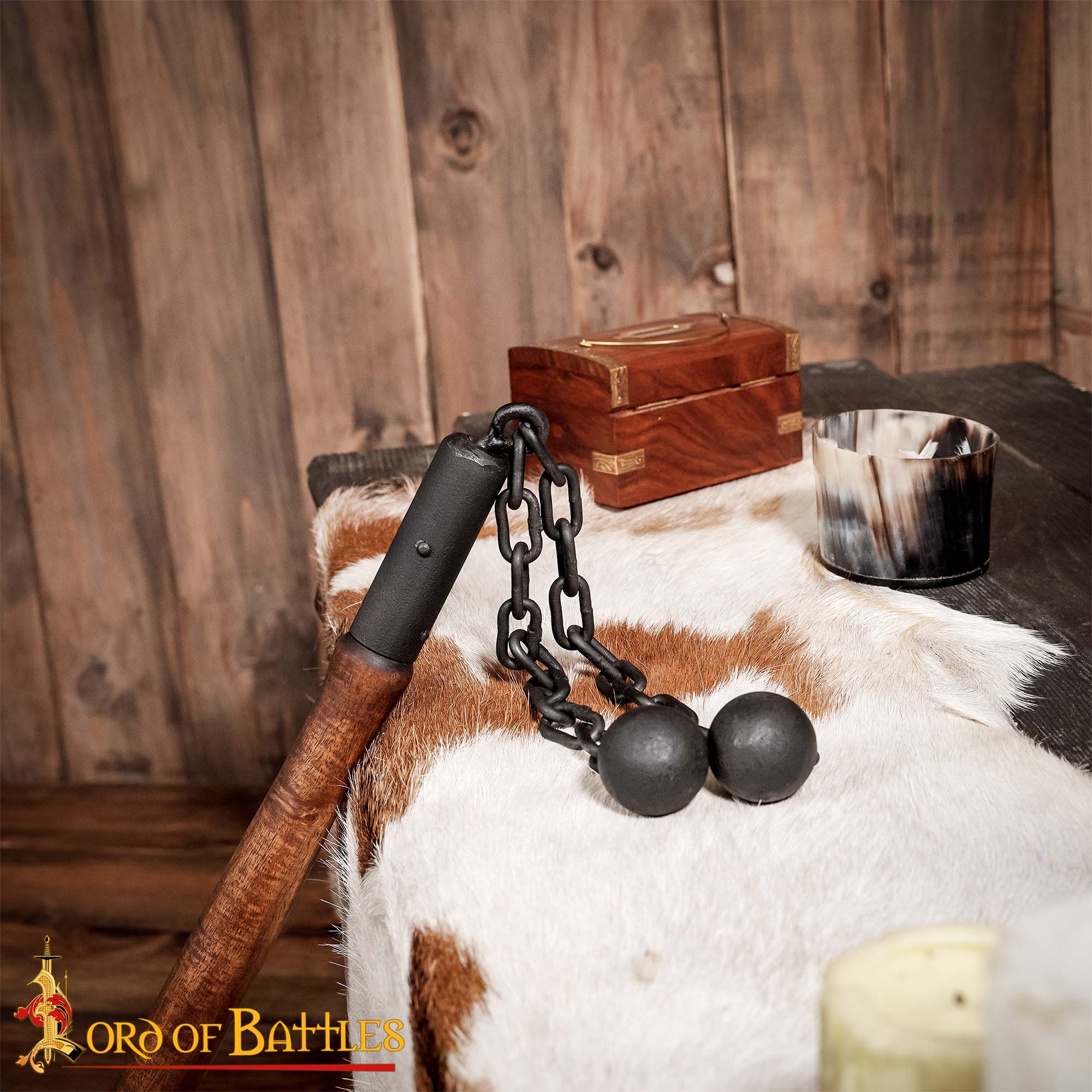 Flail de batalla medieval tardío — doble bola de hierro y mango de madera - imagen 12