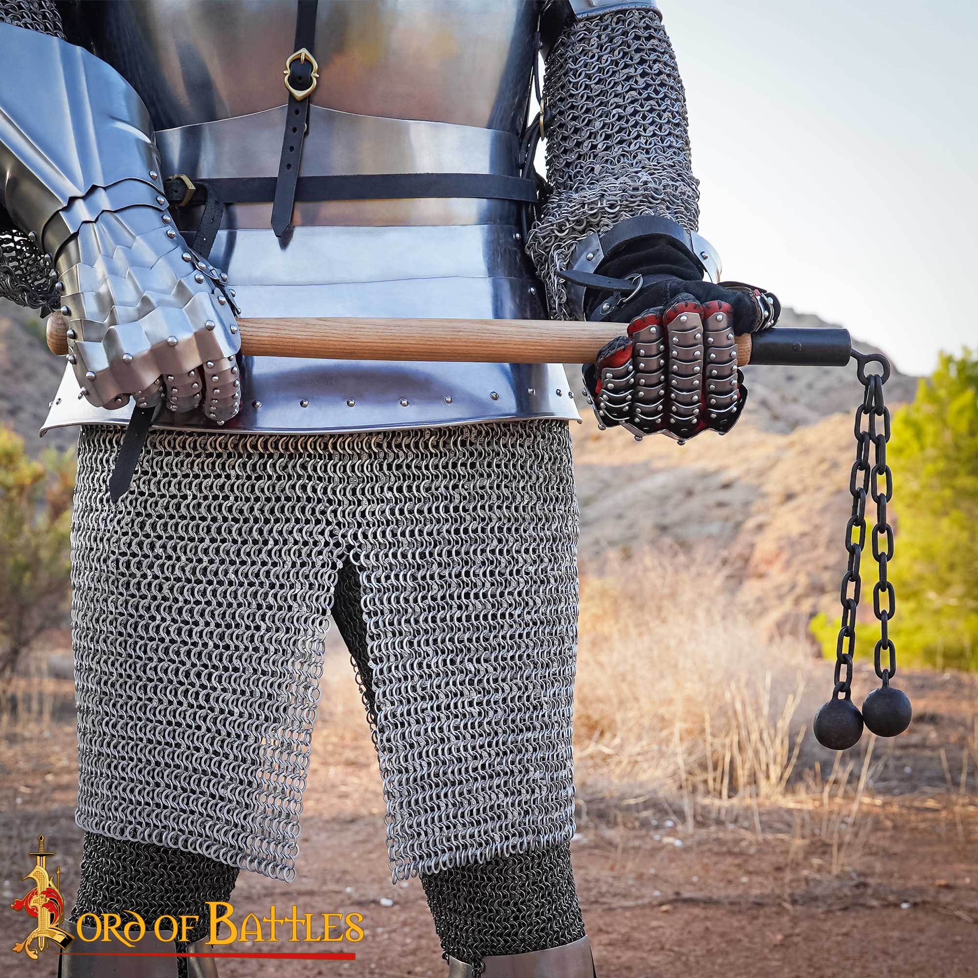 Flail de batalla medieval tardío — doble bola de hierro y mango de madera - imagen 16