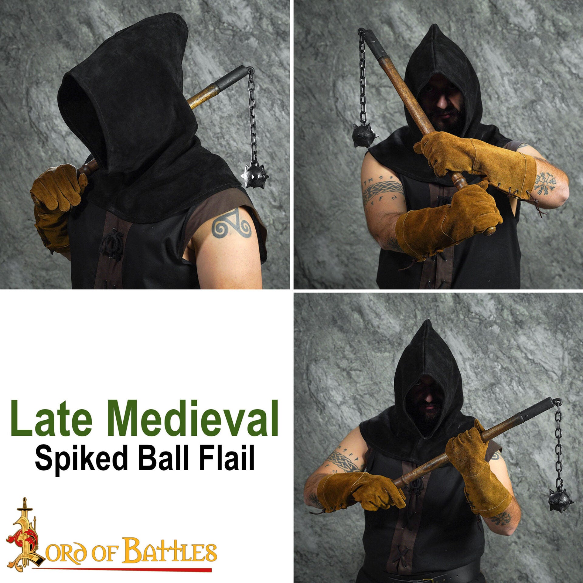 Imagen única de: Maza de cadena medieval tardía con bola con púas y mango de madera