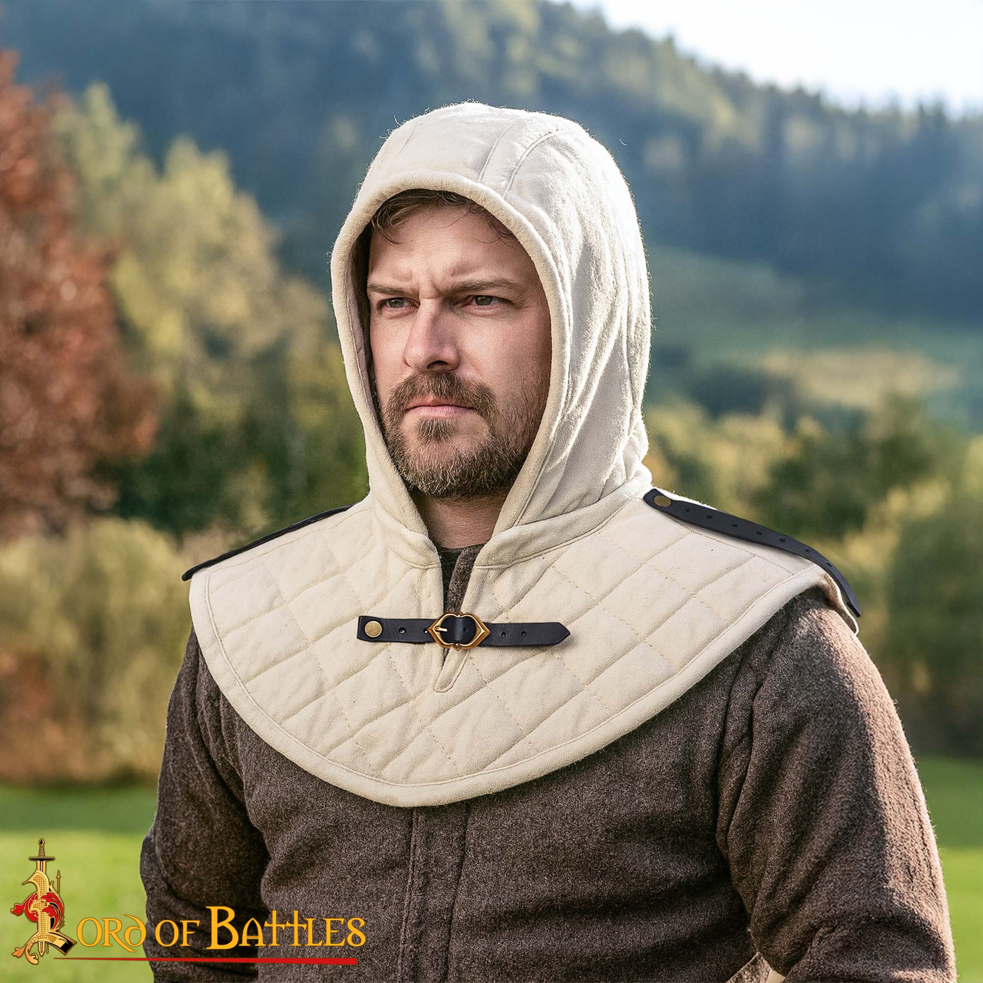 Capucha medieval acolchada de 3 capas con cuello - Crudo