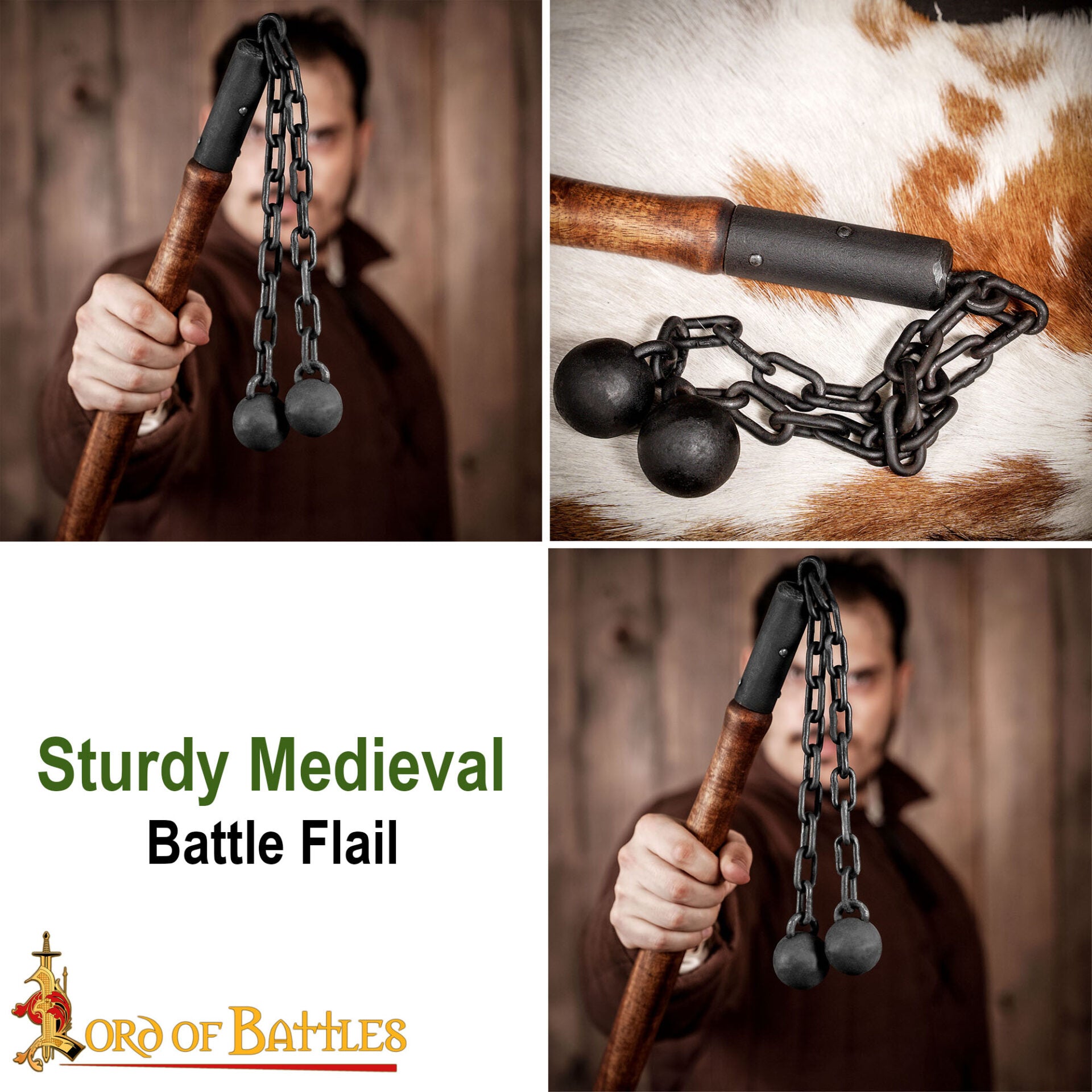 Flail de batalla medieval tardío — doble bola de hierro y mango de madera - imagen 10